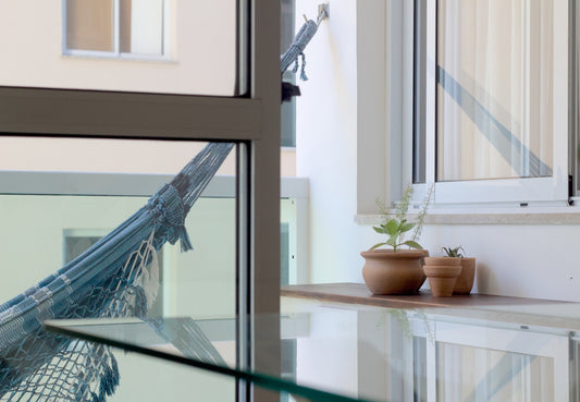 A hammock hanging from a window next to a potted plant