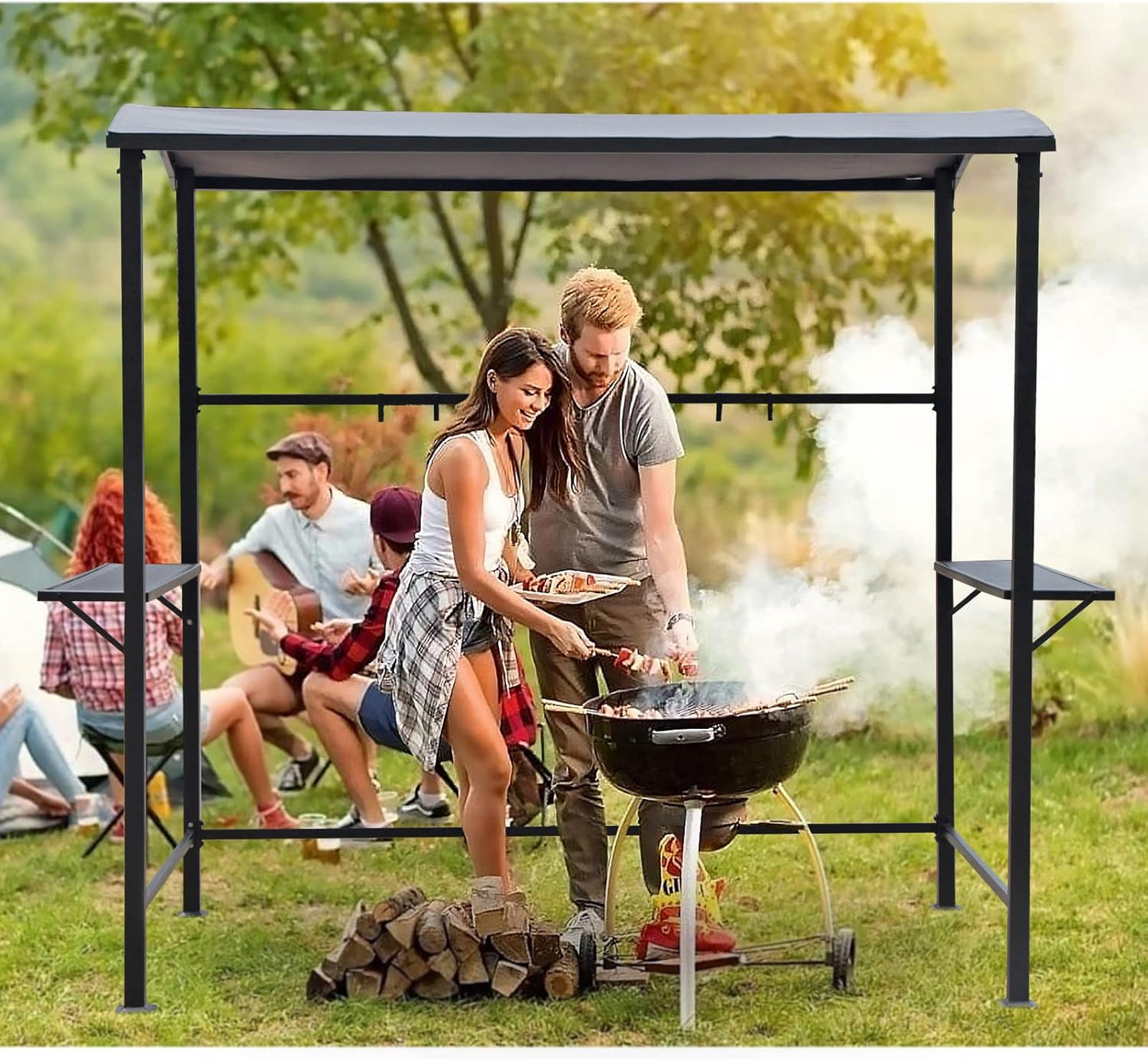 Grill Gazebo 8’By 4.6’ Outdoor Patio BBQ Canopy with Single-Tier Soft Top and Metal Shelves, Gray