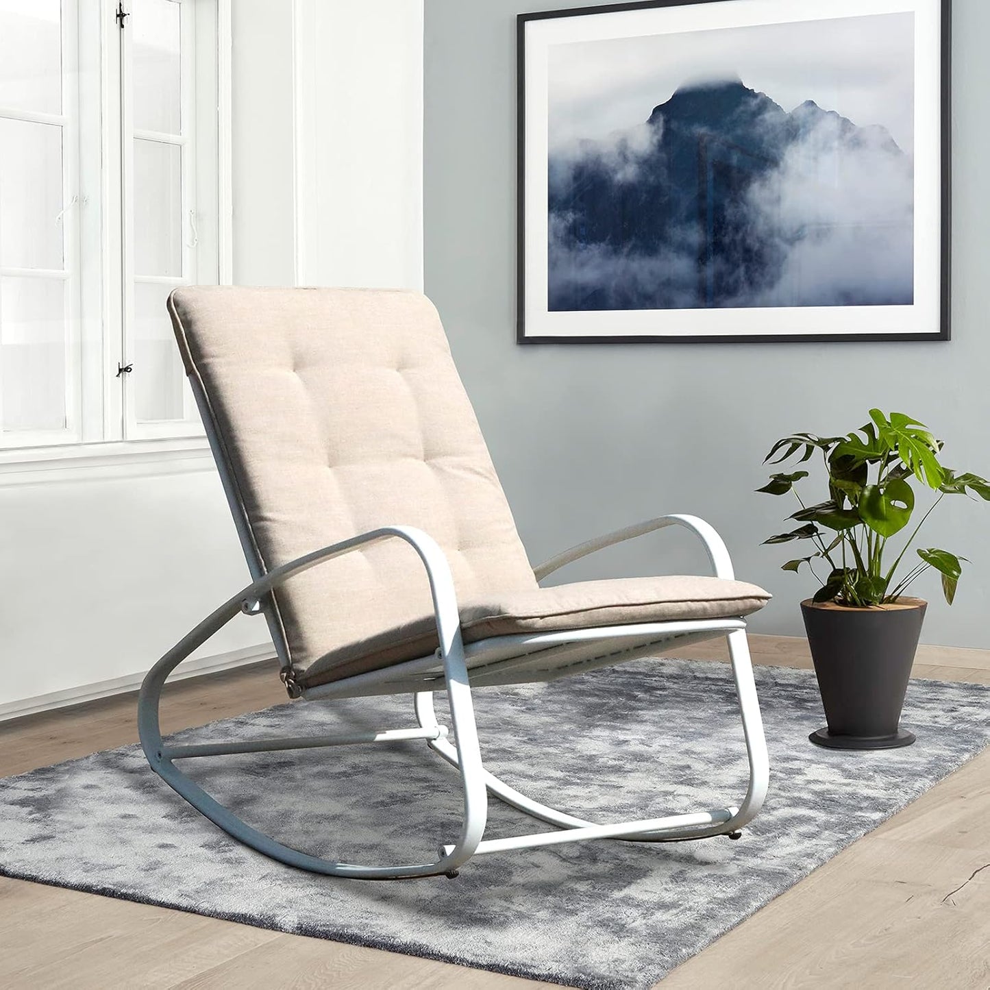 Patio Rocking Chair Outdoor Metal Rocker Chairs with Detachable Cushion for Porch, Balcony, Poolside and Indoor Use, 1 PCS, White