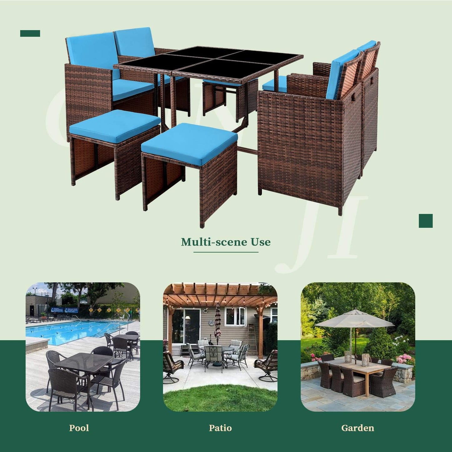 9 Pieces Patio Dining Outdoor Table and Chairs Table Set with Space Saving Rattan Chairs Patio Furniture Sets Cushioned Seating and Back (Blue)