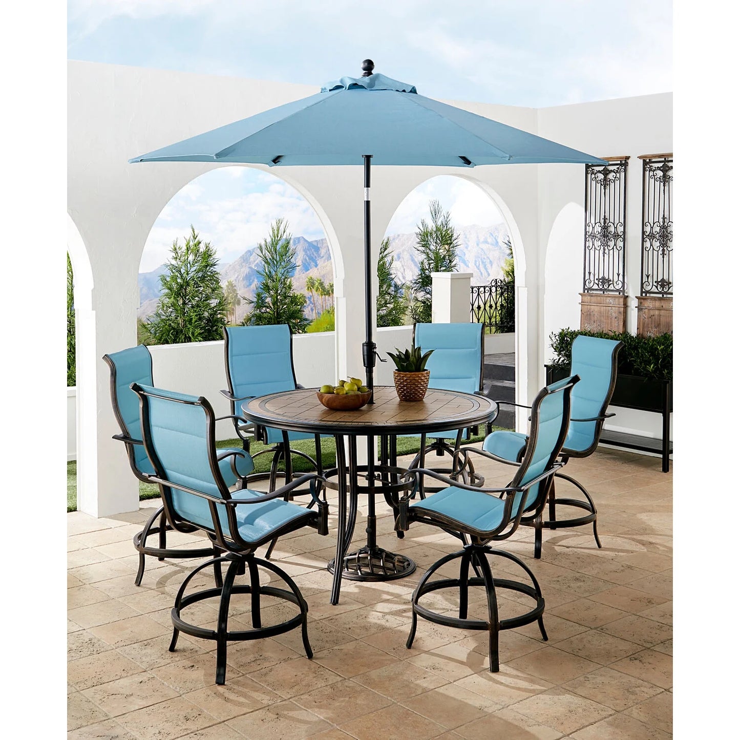 Monaco 7-Piece Outdoor High Dining Patio Set, 6 Counter-Height Padded Sling Swivel Chairs, 56" round Tile Table, 9' Umbrella, and Umbrella Base, Bronze Finish, Rust-Resistant, All-Weather