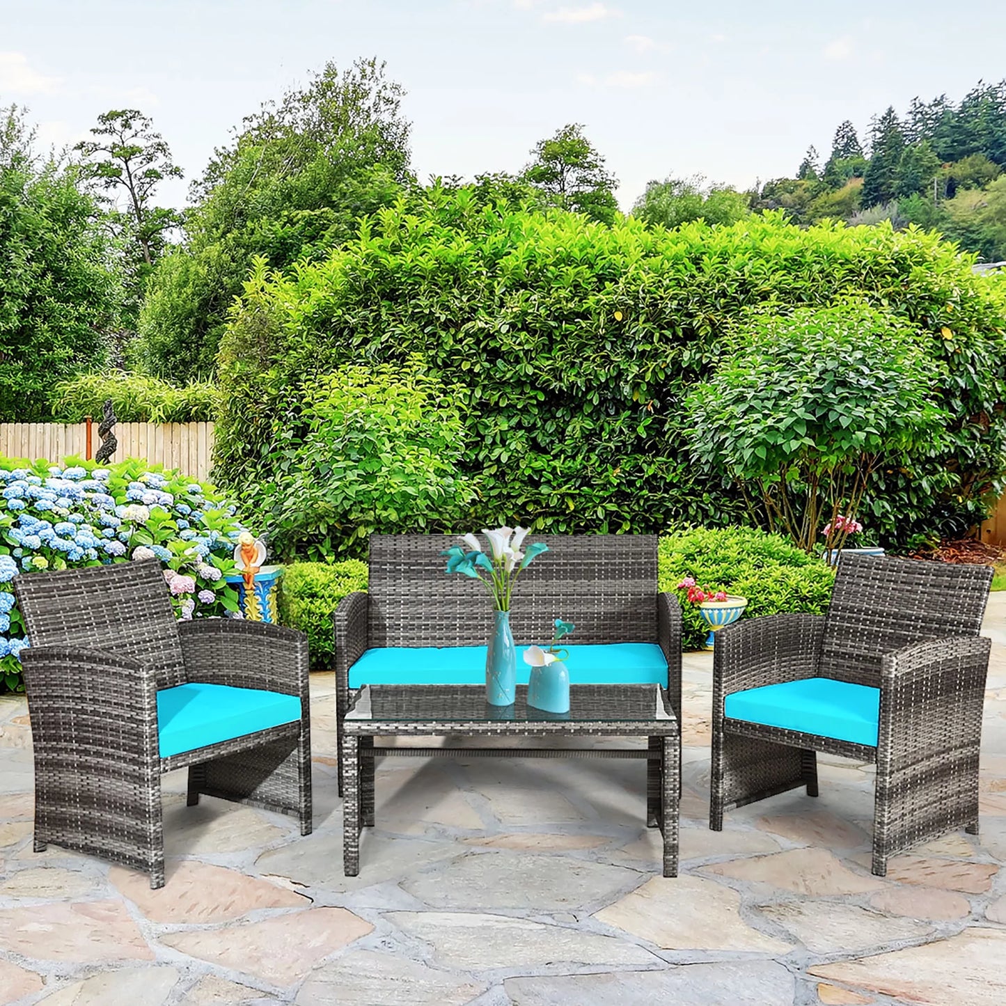 4PCS Patio Rattan Furniture Set Conversation Glass Table Top Cushioned