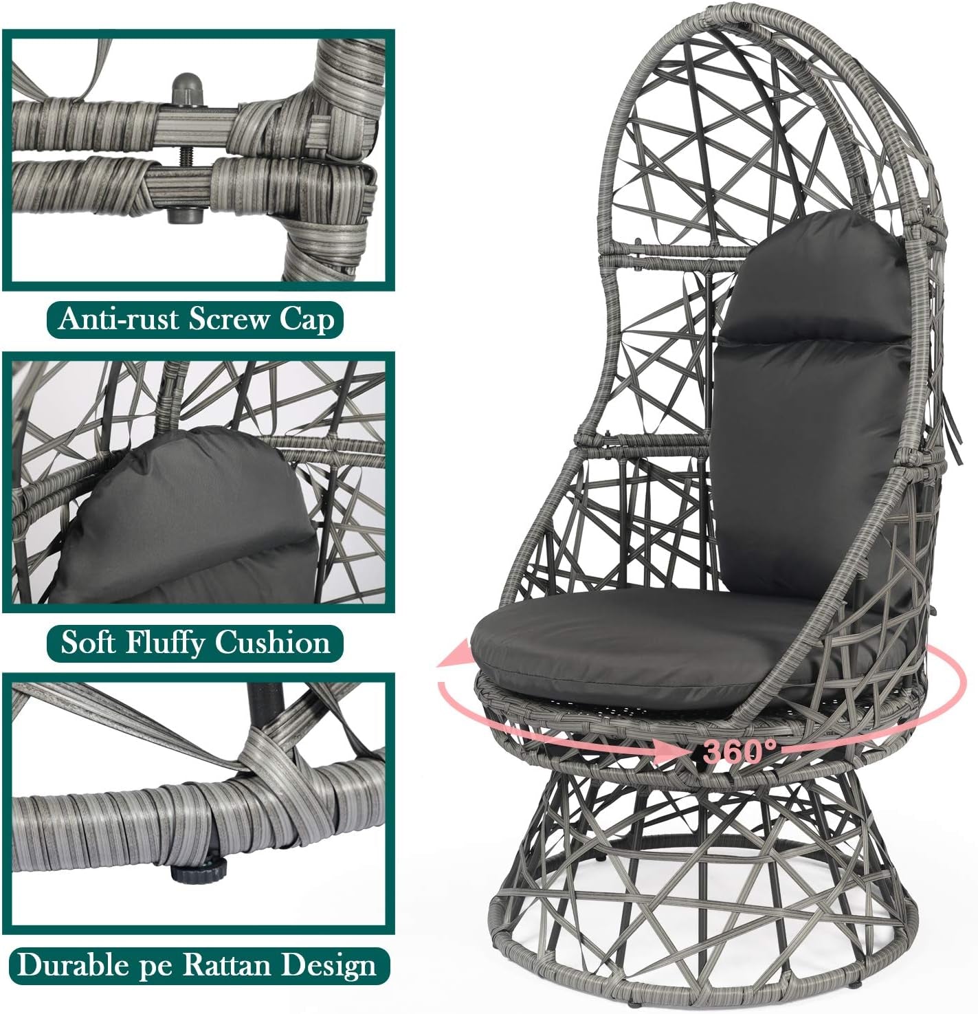 Patio Egg Chair, 360 Degree Swivel Patio Wicker Chair, Indoor & Outdoor Rattan Egg Chair with Seat Cushion & Pillow for Patio Porch Lounge Bedroom (Grey)
