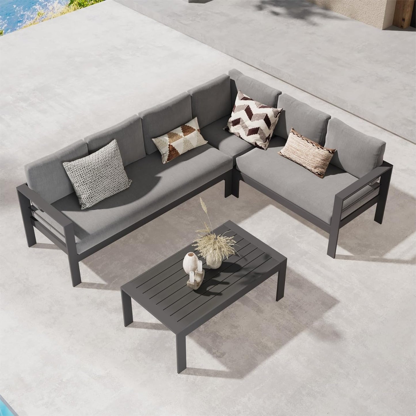Patio Furniture Set, Outdoor Aluminum Sectional Sofa Couch with Coffe Table, All-Weather Metal Conversation Set with Upgraded Dark Grey Cushion
