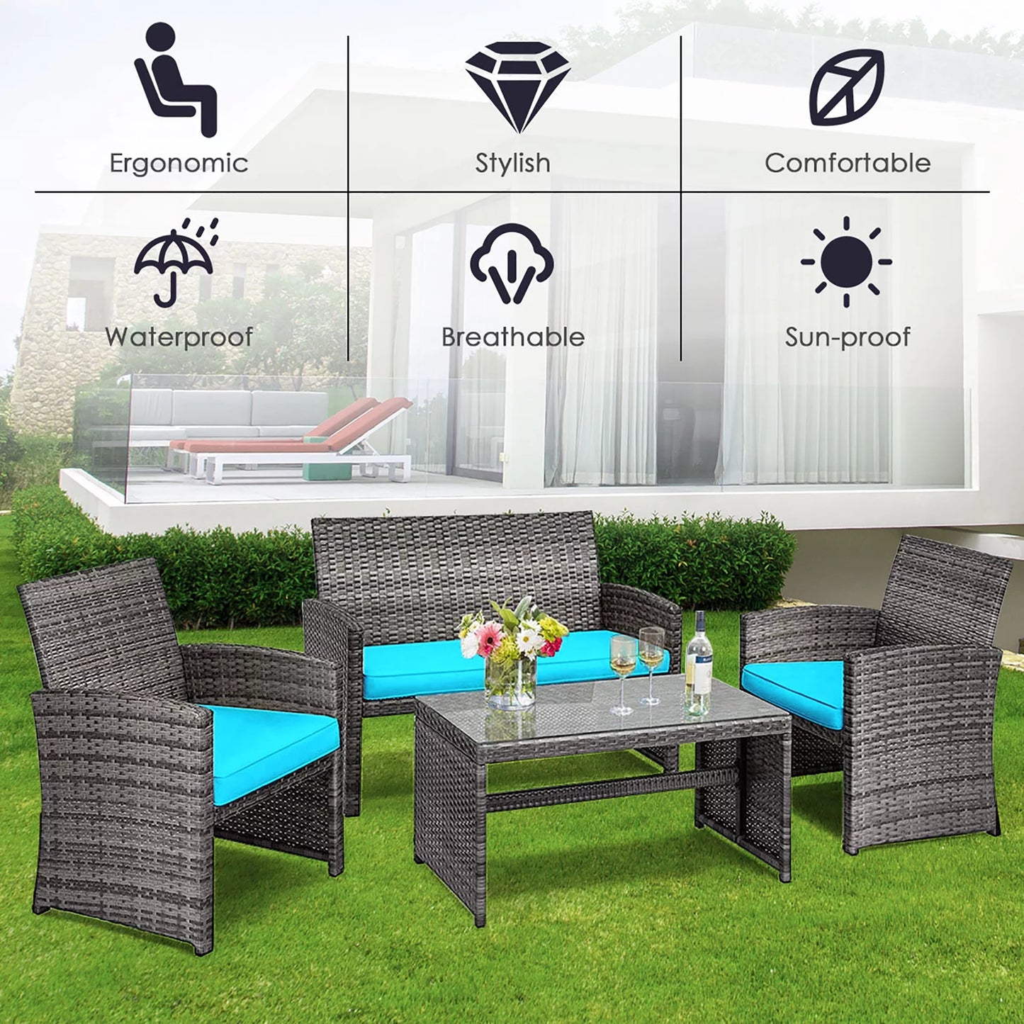 4PCS Patio Rattan Furniture Set Conversation Glass Table Top Cushioned