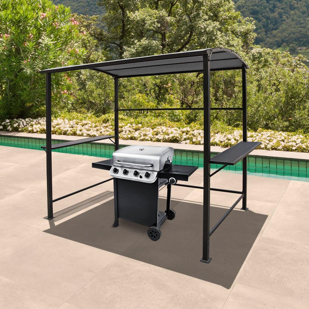Grill Gazebo 8’By 4.6’ Outdoor Patio BBQ Canopy with Single-Tier Soft Top and Metal Shelves, Gray