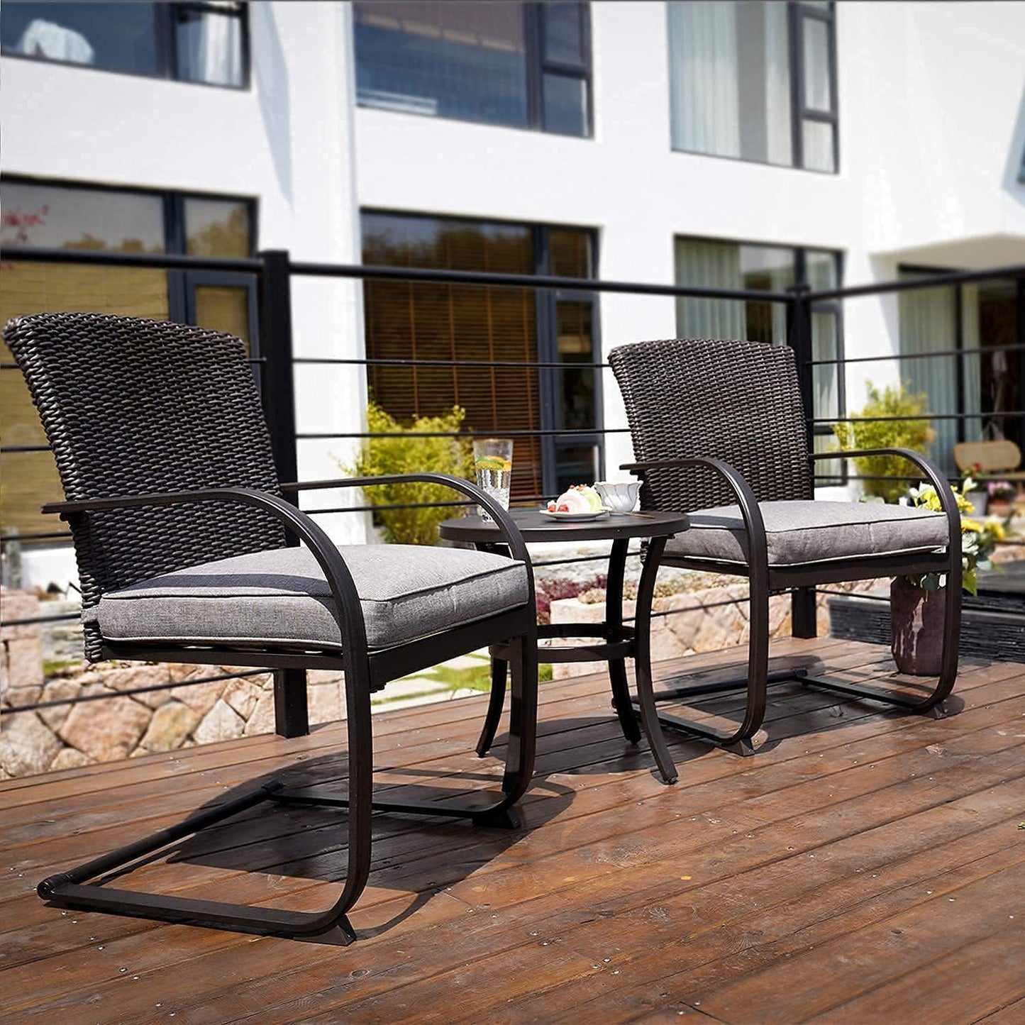2-Piece Dining Wicker Chair Outdoor Conversation Set with Cushions C-Spring Rocker Lounge Chair Set of 2 for Yard, Garden, Backyard, Deck, Bistro-Grey