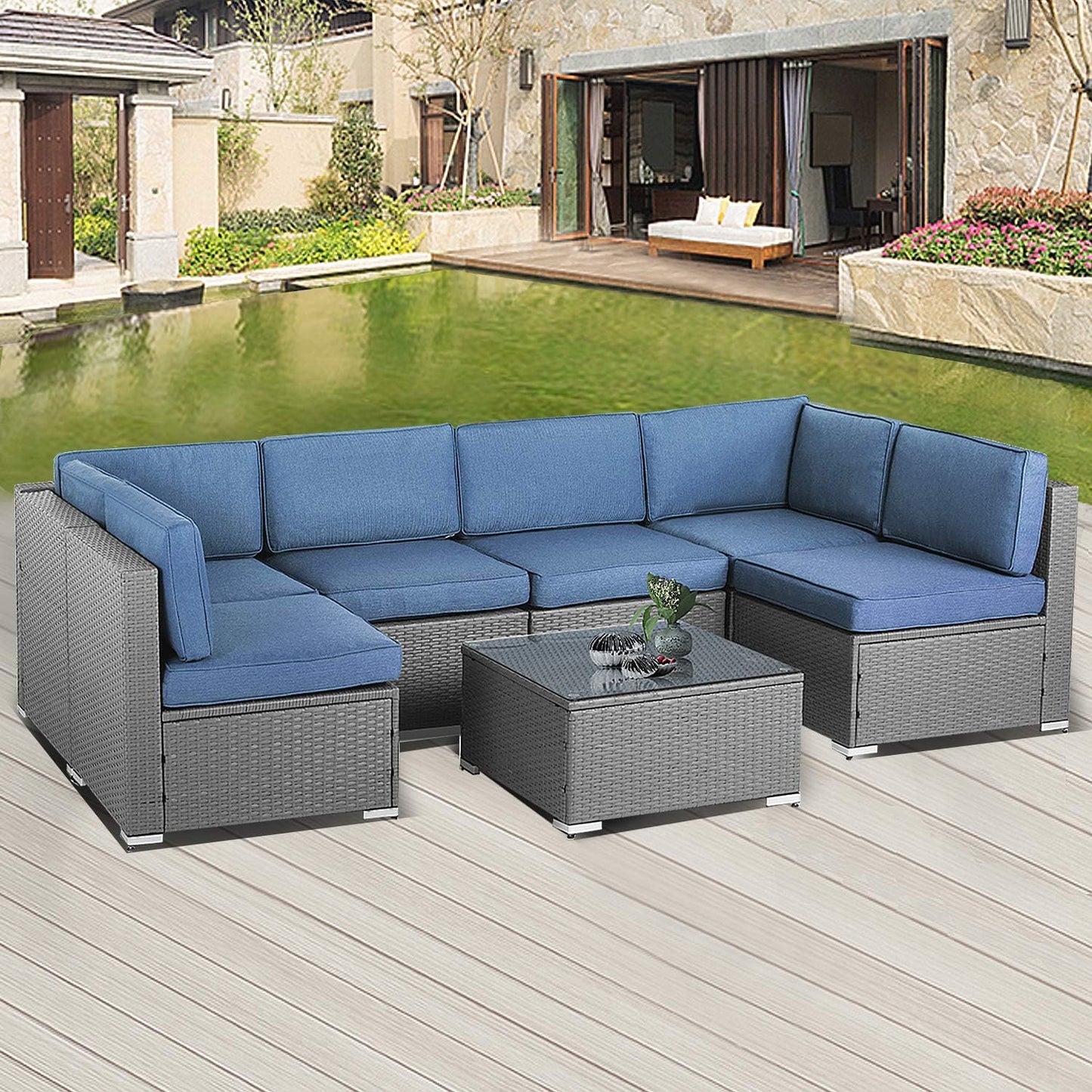 7-Piece Outdoor Furniture Set, Gray Wicker Patio Conversation Set Modular Outdoor Sectional Sofa with YKK Zipper & Coffee Table - Denim Blue