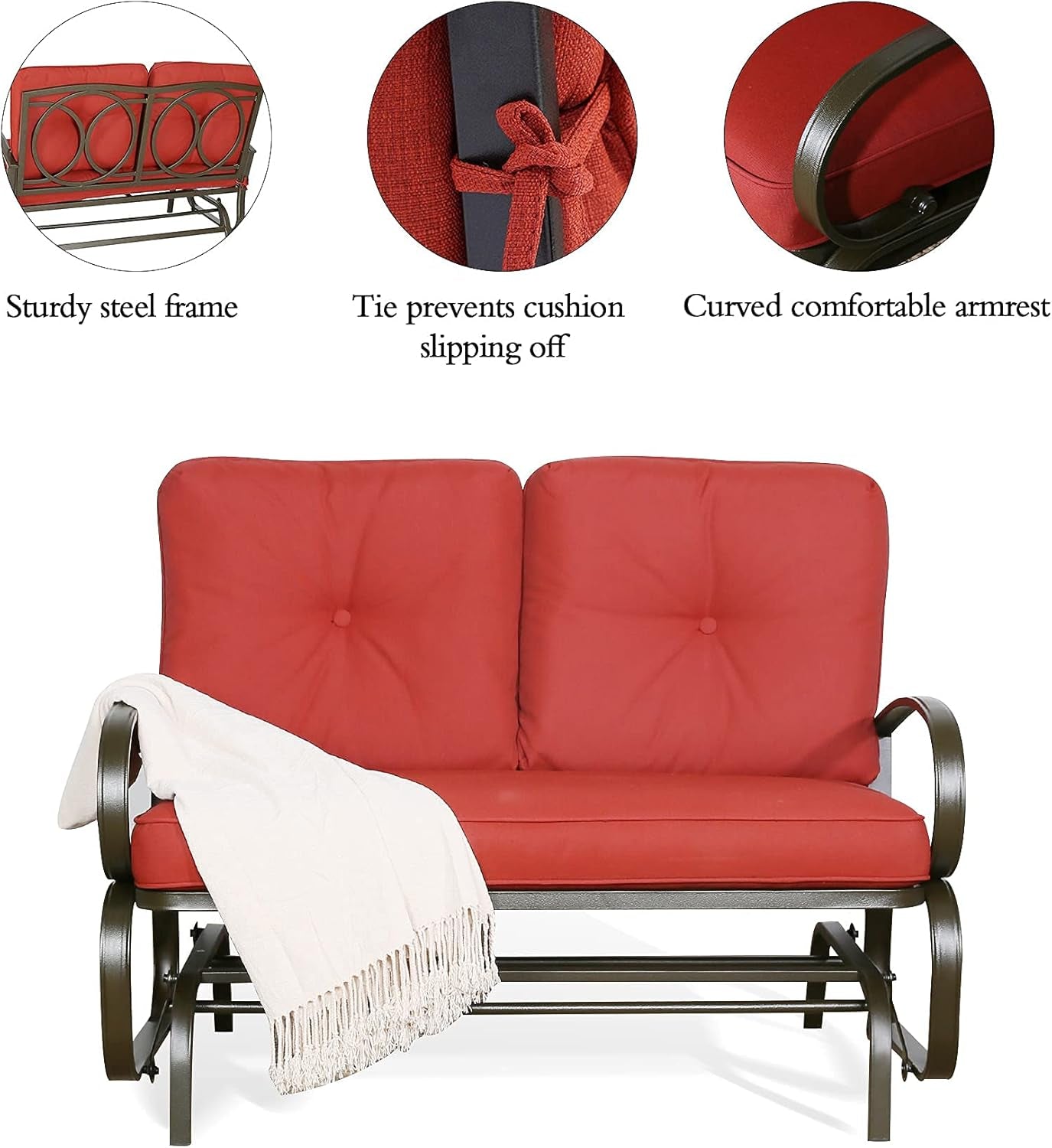 Swing Glider Bench Outdoor Cushioed 2 Person Rocking Chair Garden Loveseat, Brick Red