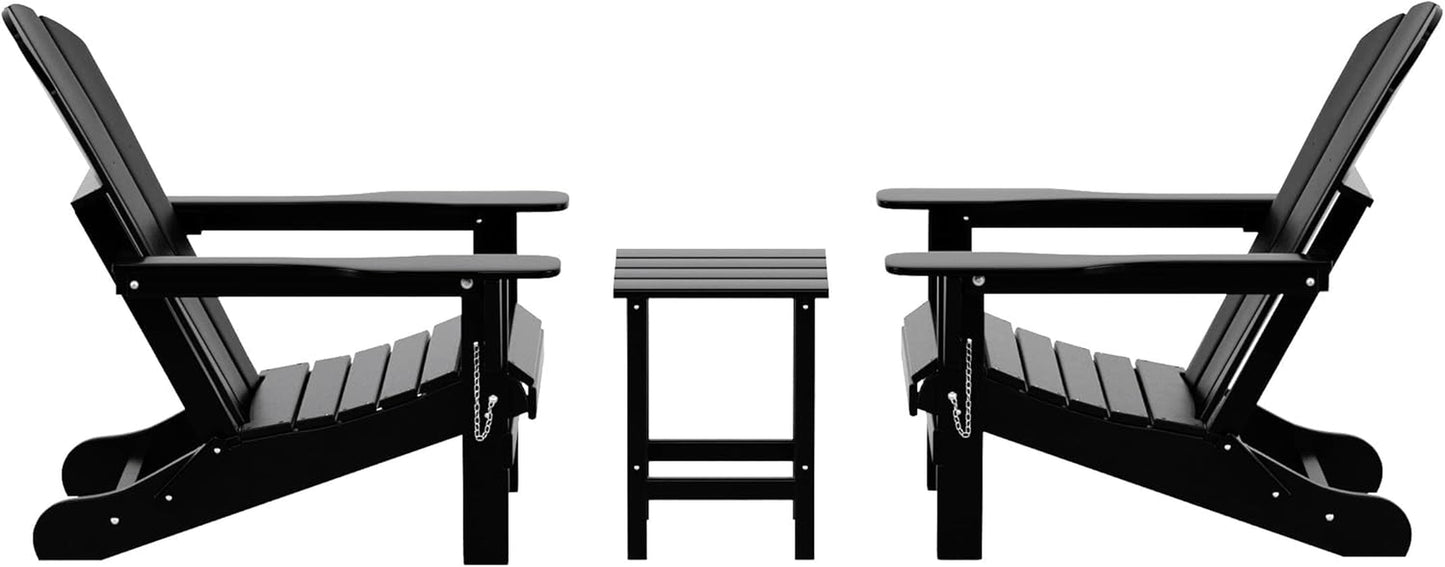 WO Home Furniture Adirondack Chairs Table Set of 3 PCS Outdoor Folding Chairs Side End Table Weather/Uv Resistant for Lawn, Garden, Bon Fire, Balcony (Black)