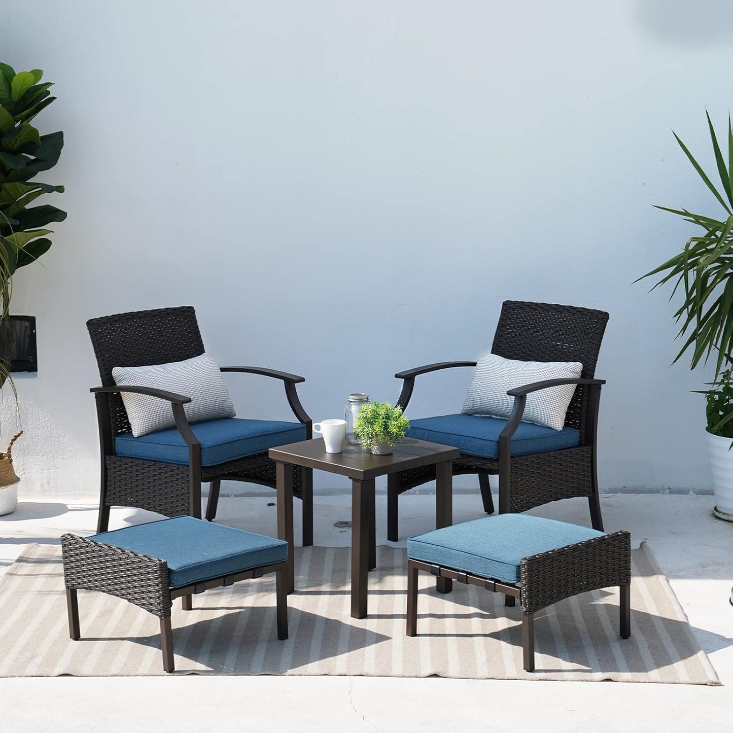 5 Pieces Outdoor Patio Furniture Sets Weather Resistant Wicker Outdoor Patio Chairs with Ottomans and Coffee Tables for Balcony Backyard Garden Poolside, (Peacock Blue)