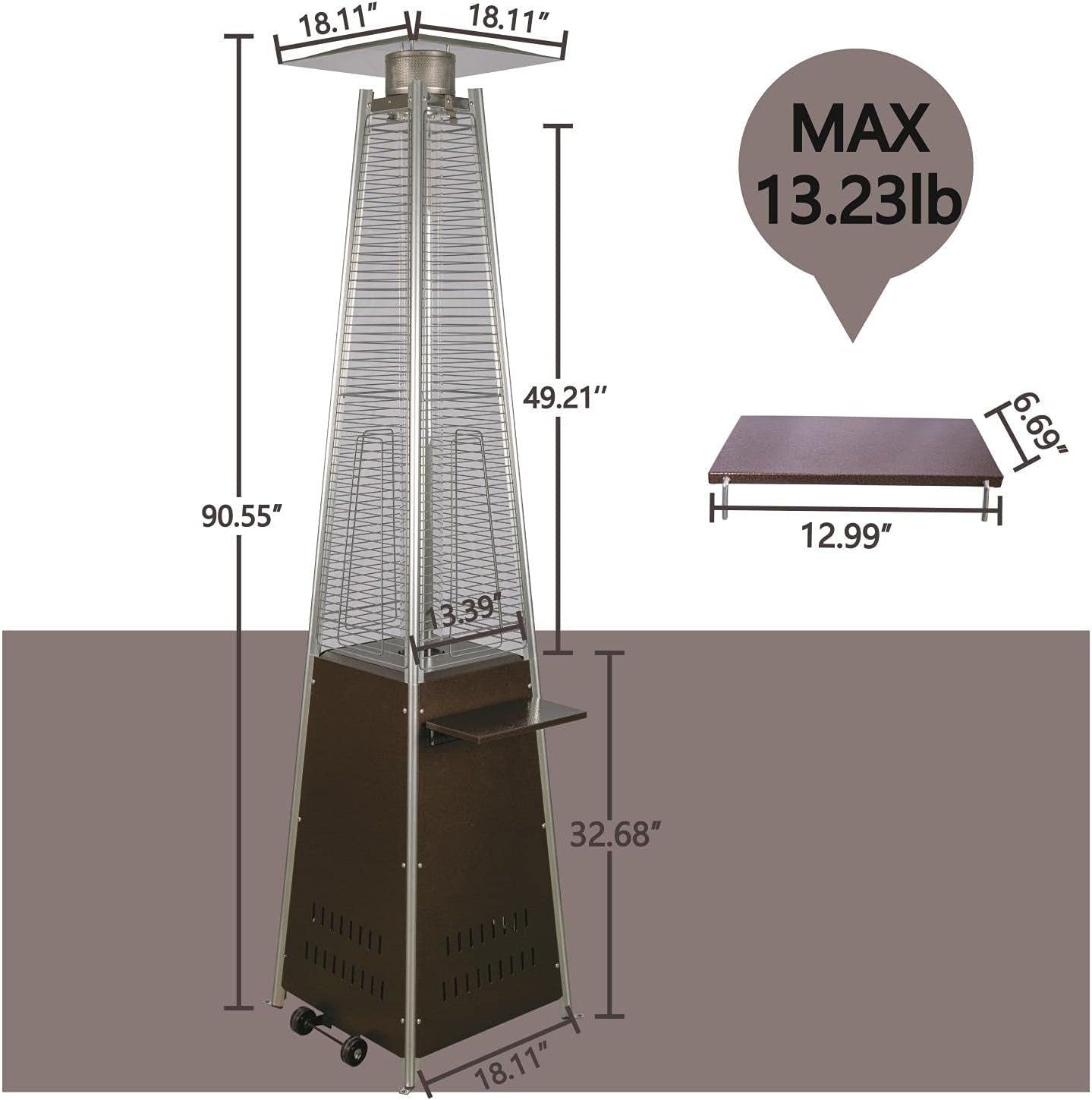 Pyramid Patio Heater - 48,000 BTU Propane Outdoor Heater with Glass Tube, Wheels, Gold Hammered Bronze Finish