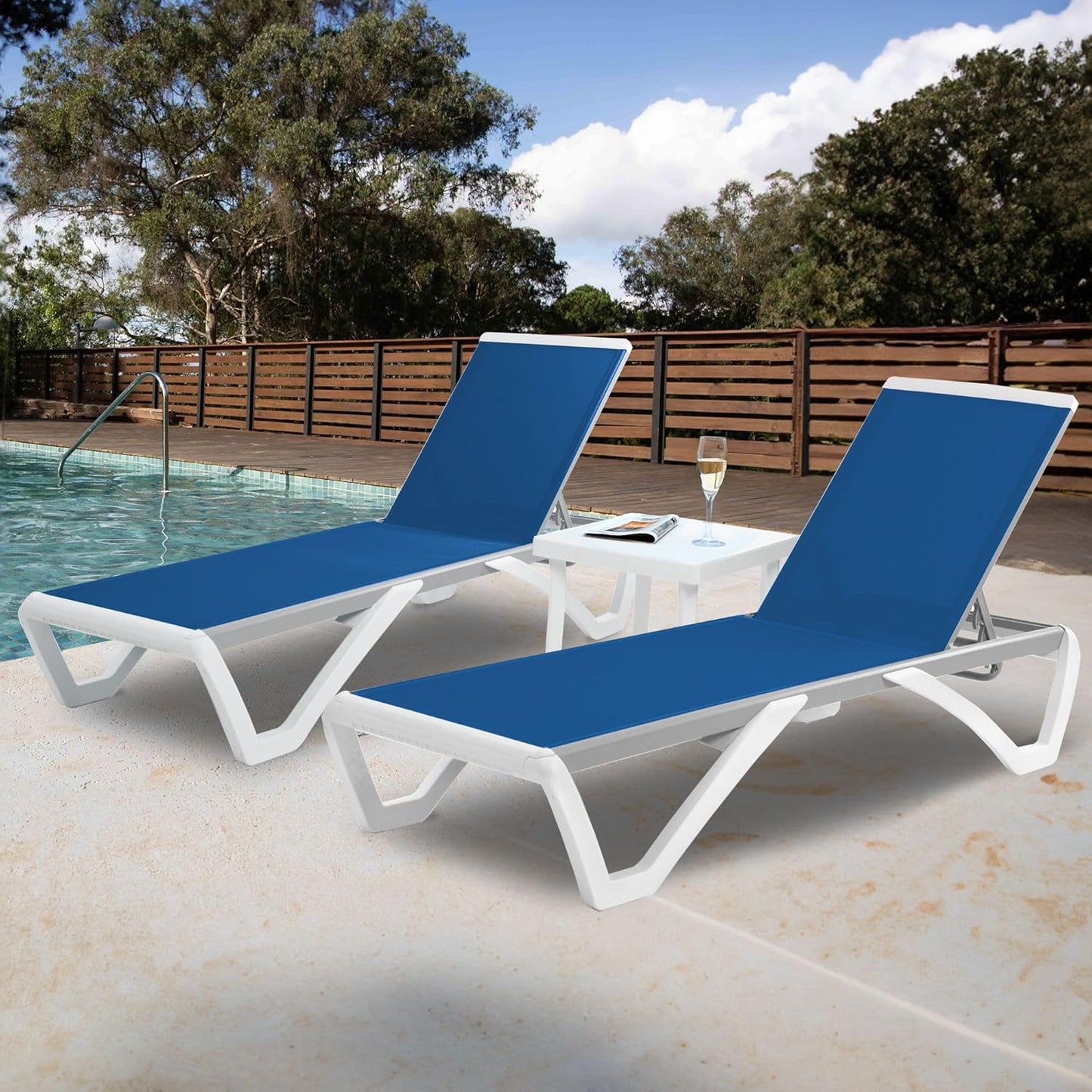Patio Chaise Lounge Chair - Full Flat Alumium & Resin Legs, Outdoor Reclining Adjustable Chair for Sunbathing, Beach, Patio, Lounge Set with Table (2 Blue Textilence W/Table)