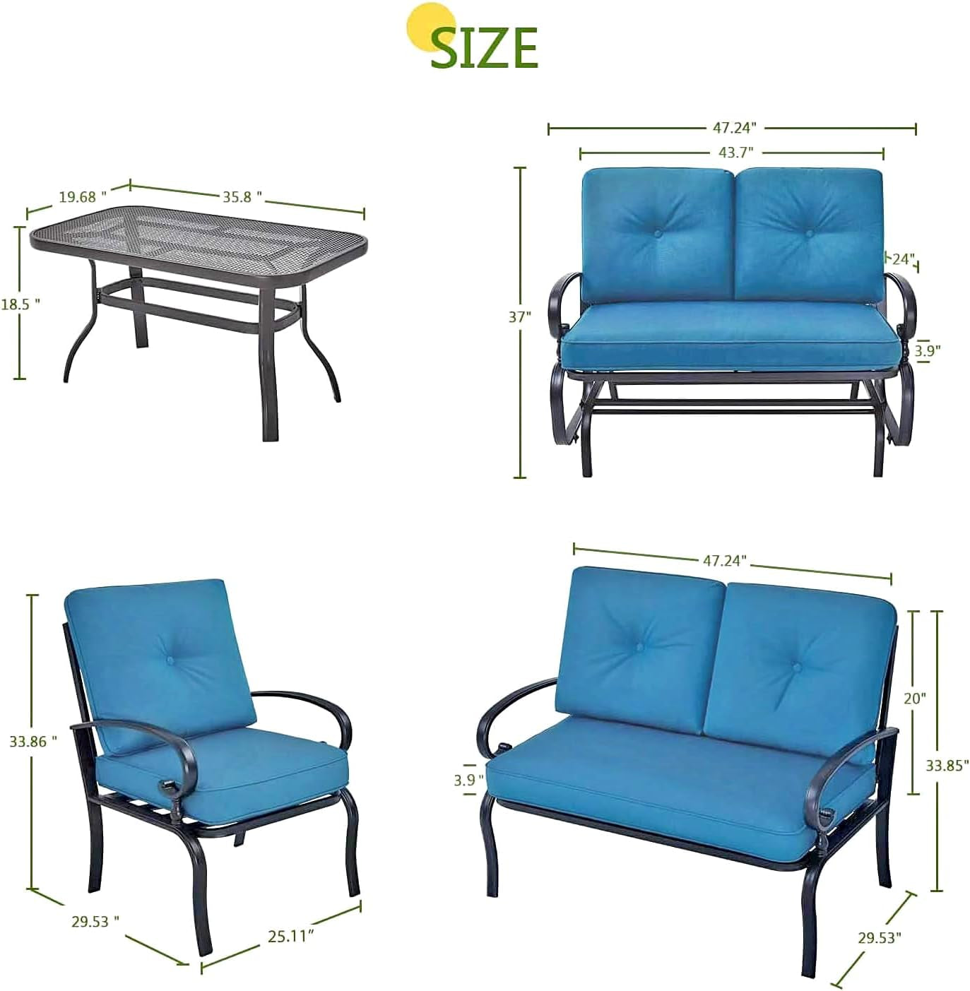 Outdoor Metal Furniture Sets 5 Pieces(6 Seats) Patio Conversation Set (Patio Swing Glider, 2 Patio Chairs, Loveseat with Coffee Table), Peacock Blue