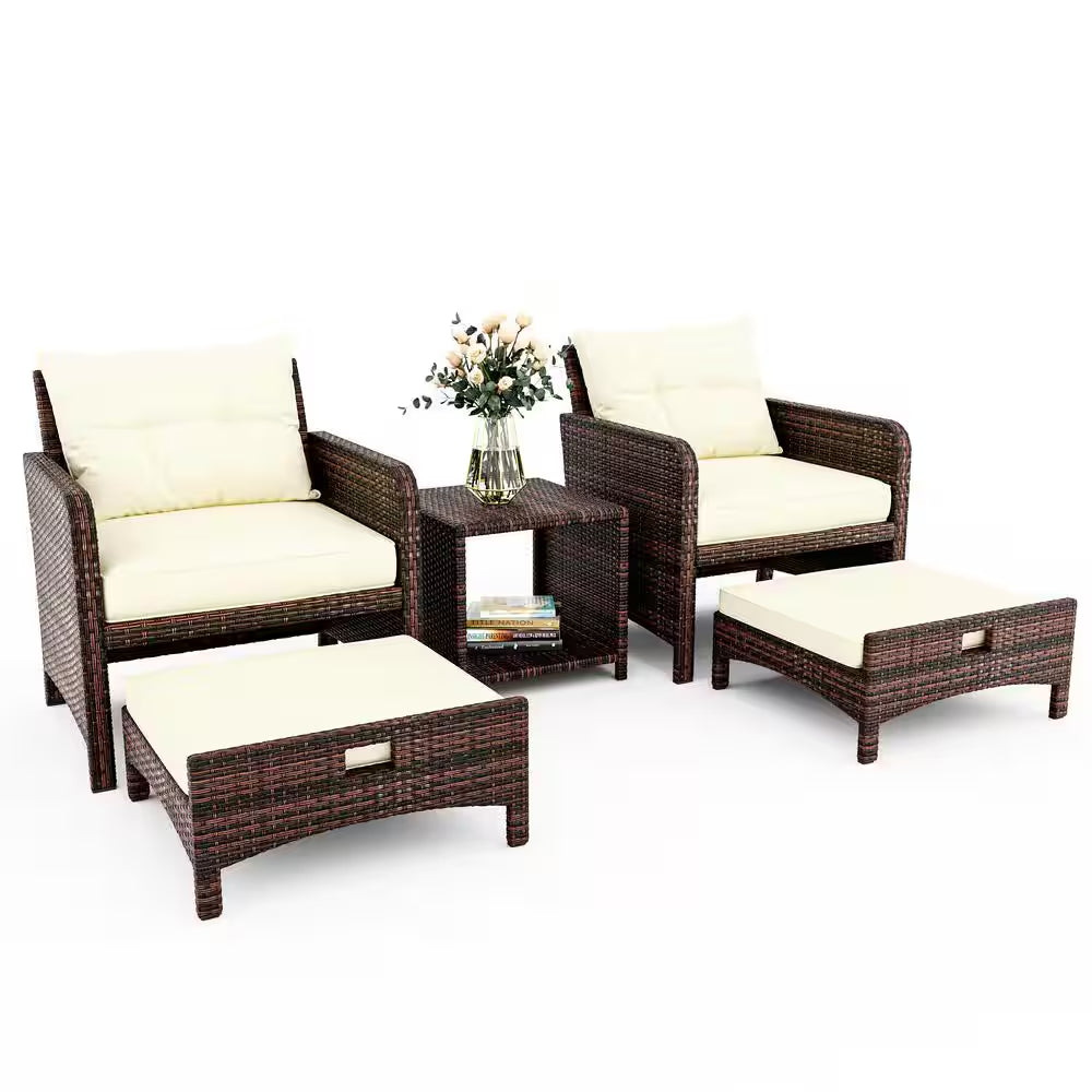 5-Piece Wicker Patio Furniture Set Outdoor Patio Chairs with Ottomans Beige