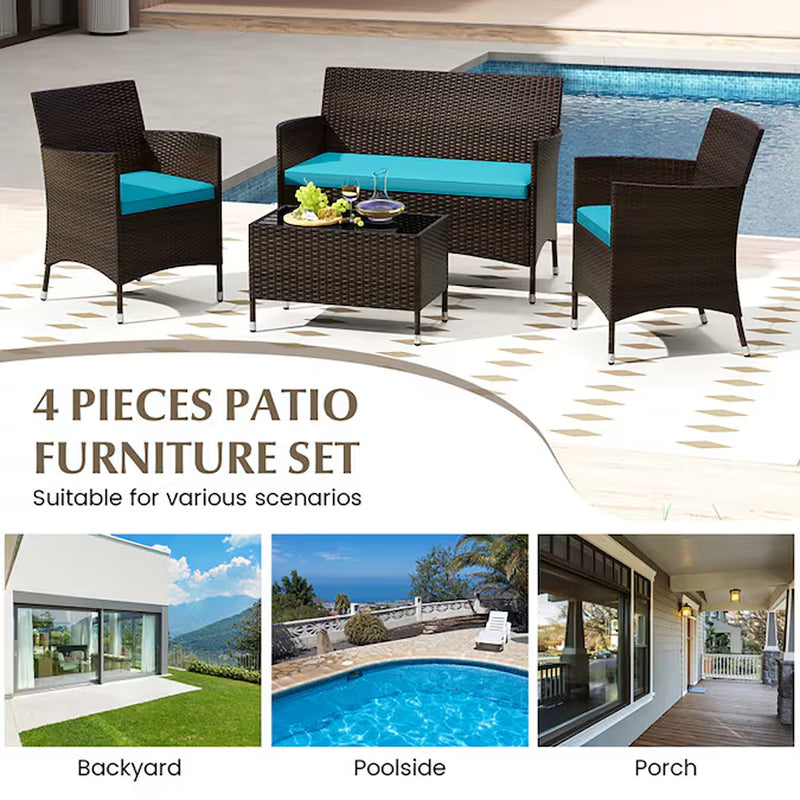 4 Pieces Comfortable Mix Outdoor Rattan Sofa Set with Glass Coffee Table 4 -Piece Rattan Patio Conversation Set with Blue Cushions