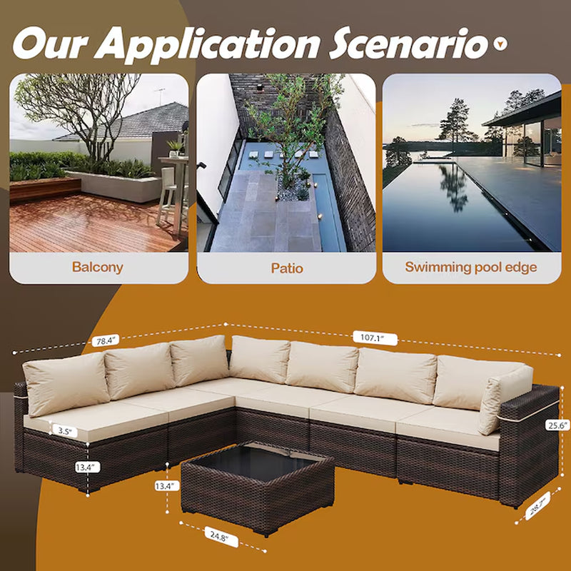 7 -Piece Rattan Patio Sofa Conversation Set with Off-White Cushions