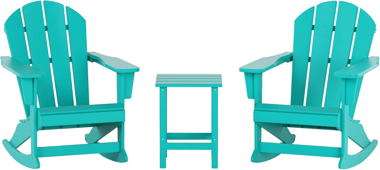 WO Home Furniture Patio Rocking Chair Set of 3 PCS Classic Outdoor Adirondack Rocker Chairs & Table (Turquoise)