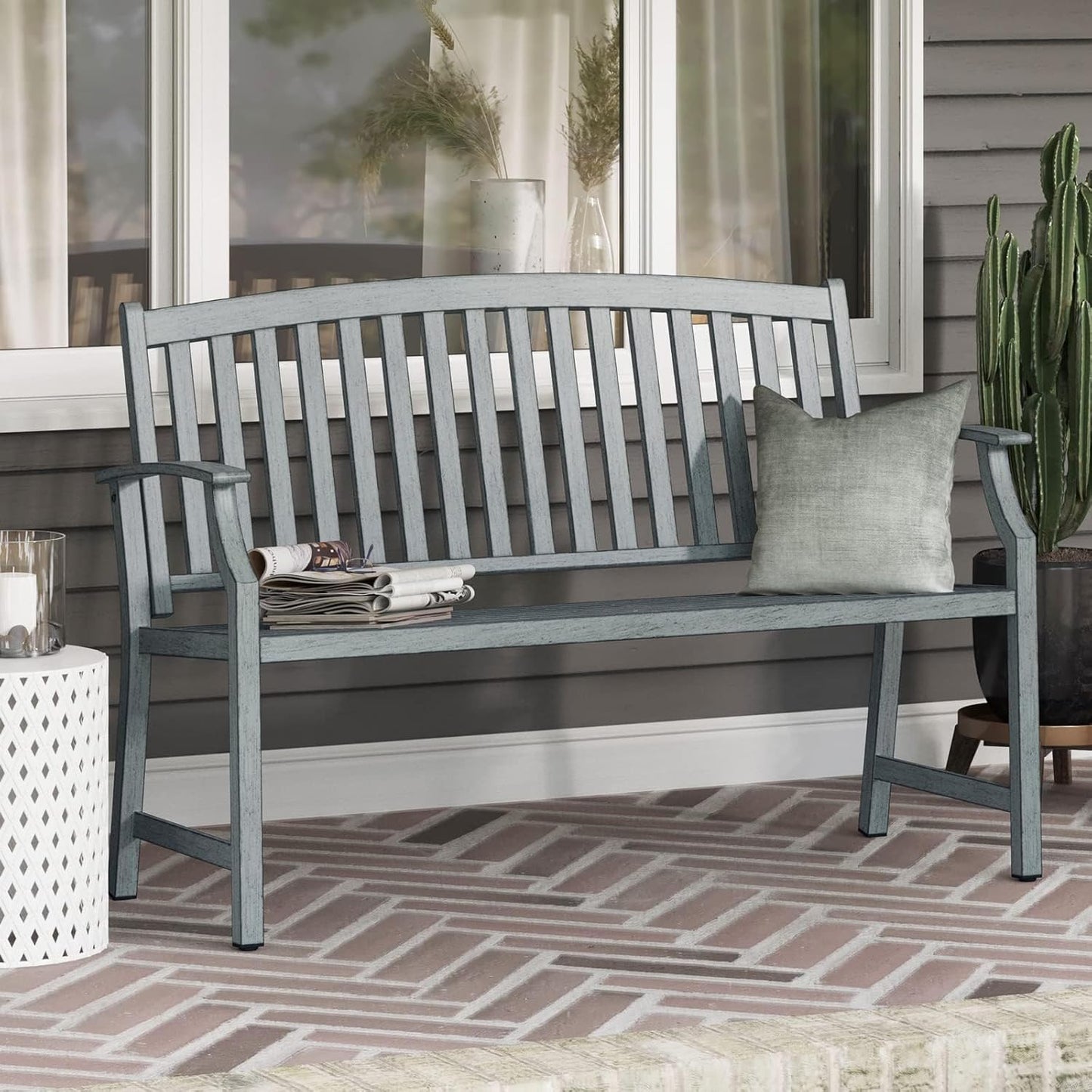 Farmhouse Outdoor Bench, Garden Benches with Anti-Rust Aluminum Metal Frame, Faux Wood Grain Finish Frame Patio Bench for Front Porch, Weathered Blue