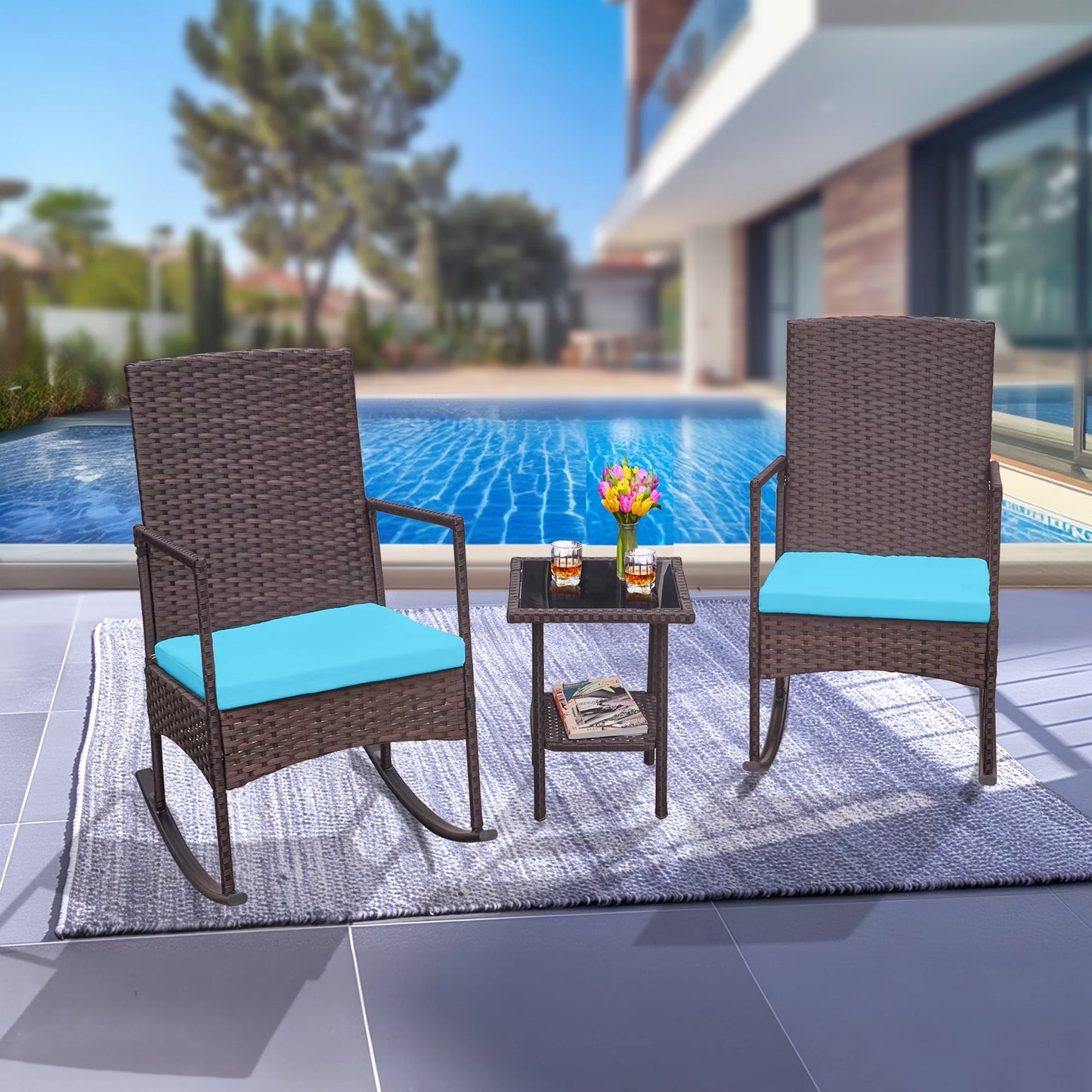 Oversize 3 Piece Patio Furniture Set Outdoor Patio Rocking Chair Set for Balcony Garden Bistro,Blue