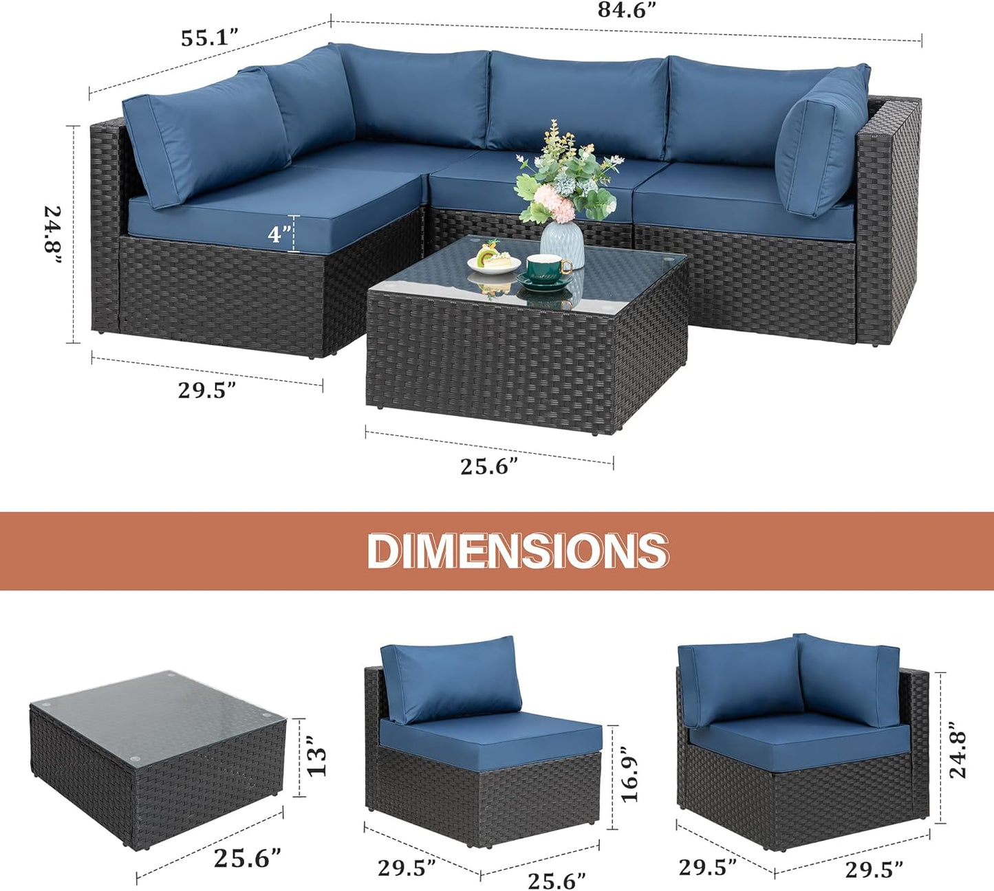 5 Pieces Outdoor Patio Furniture Set, All-Weather Rattan Patio Sectional Sofa Wicker Conversation Set with Glass Table and Cushions(Aegean Blue)