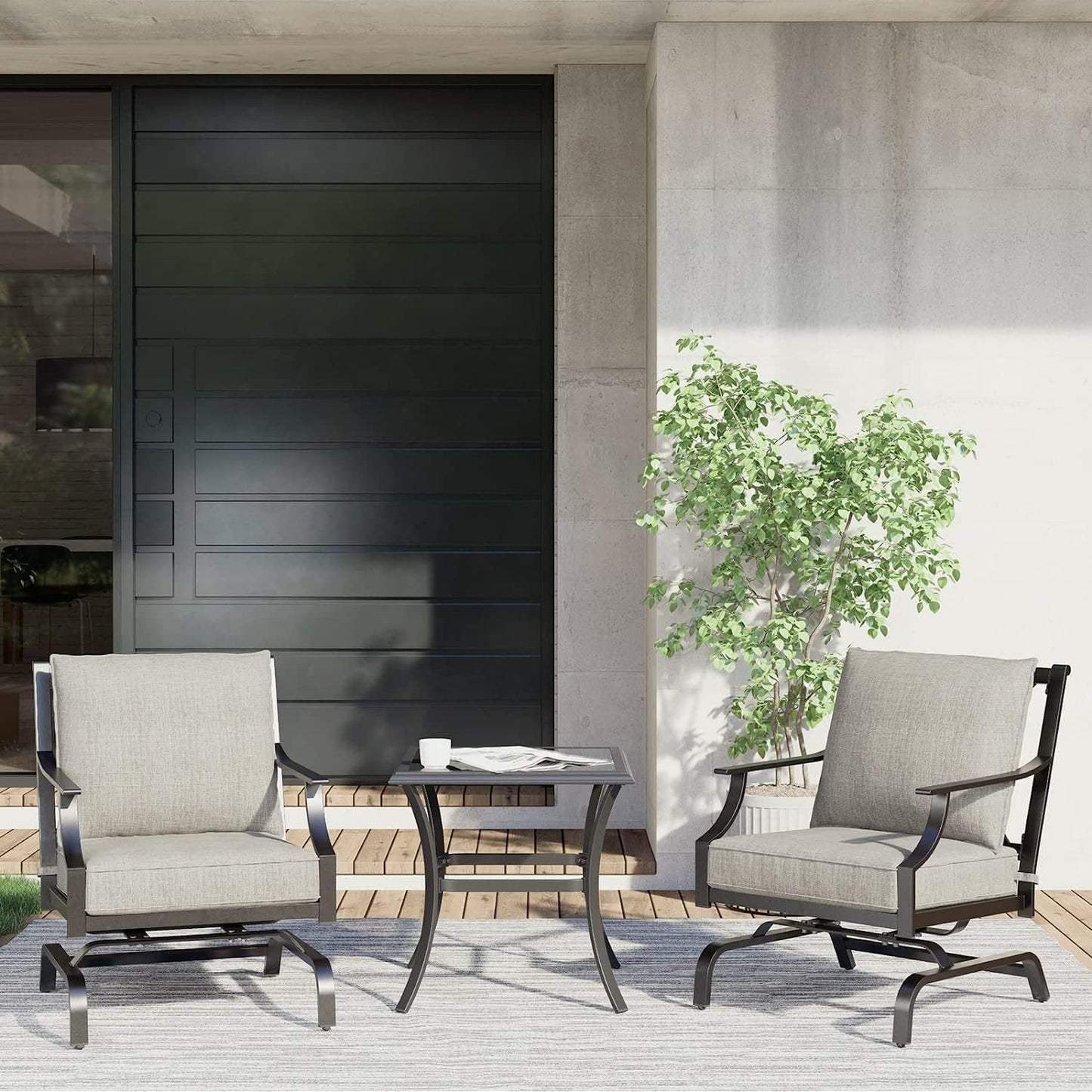 3-Piece Furniture Seating Motion Chairs Set Outdoor Bistro Set Patio Conversation Sets Glider Rocking Chair with Comfortable Gray Cushions Square Coffee Table for Garden Lawn & Poolside