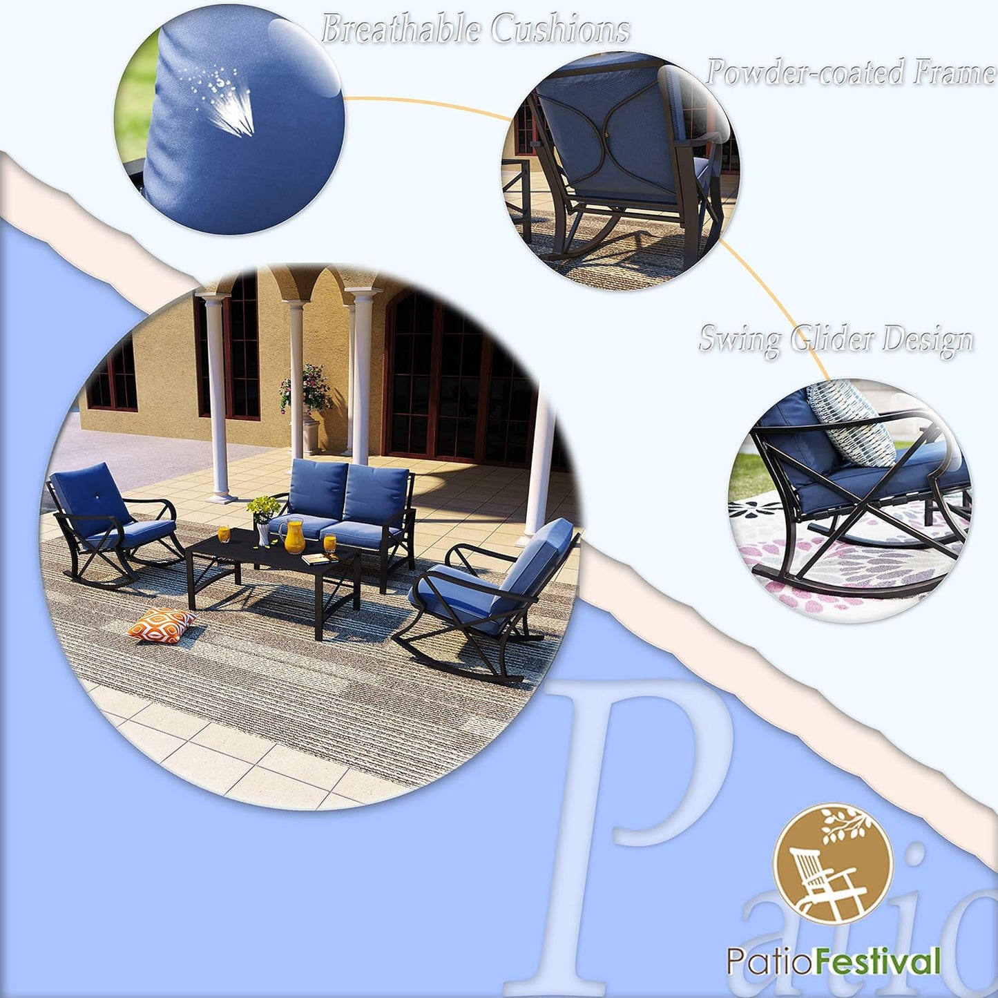Patio Furniture Conversation Set Outdoor Patio Conversation Sectional Sets Rocking Chair Loveseat, Metal Frame with Cushions, Coffee Table for Pool-Side Backyard Lawn (5Pcs, Blue)