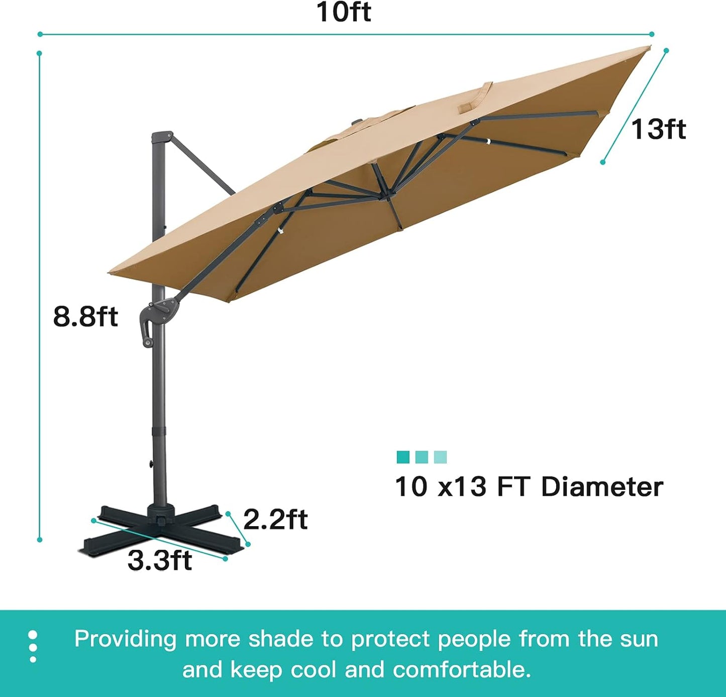 10X13Ft Cantilever Patio Umbrella Rectangular Deluxe Offset 360°Rotation & Integrated Tilting System Hanging Umbrella for Market Garden Deck Pool Backyard Patio (Tan)
