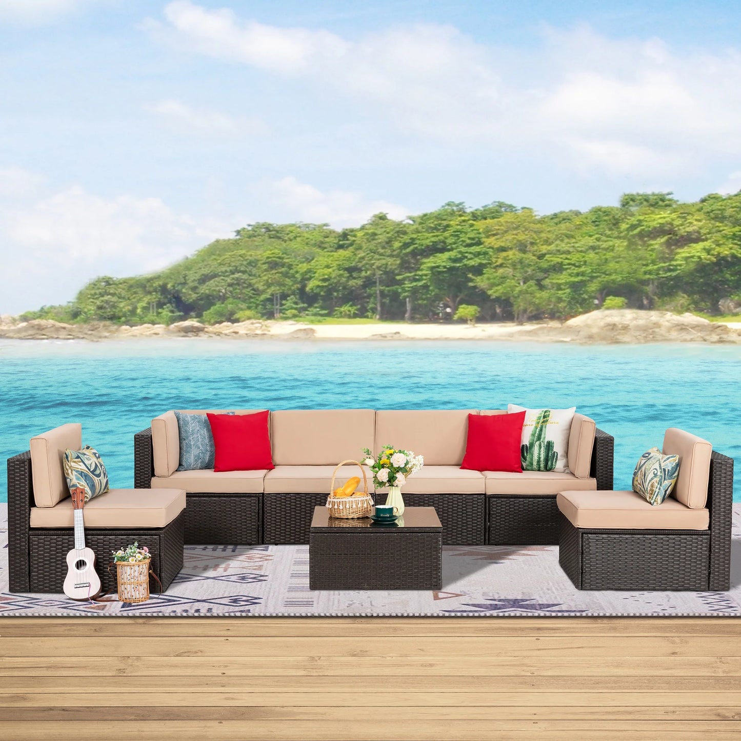 7 Pieces Patio Furniture Sets Outdoor All-Weather Sectional Patio Sofa Set PE Rattan Manual Weaving Wicker Patio Conversation Set Beige
