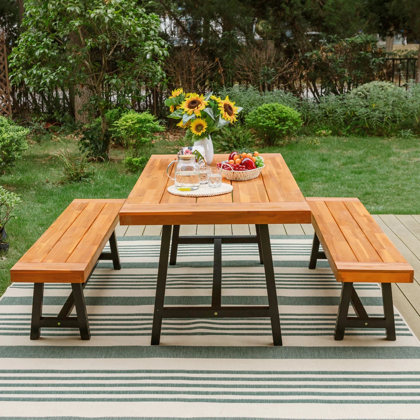 Set of 3 Patio Wood Garden Bench Set Outdoor Dining Set with 1 Acacia Table and 2 Pieces Bench Chairs Suitable for 4 People