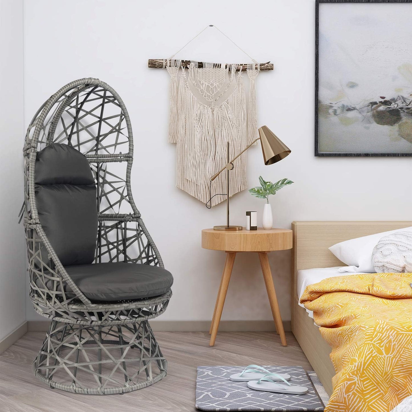 Patio Egg Chair, 360 Degree Swivel Patio Wicker Chair, Indoor & Outdoor Rattan Egg Chair with Seat Cushion & Pillow for Patio Porch Lounge Bedroom (Grey)