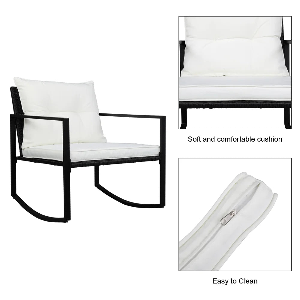 3 Pieces Patio Furniture Set Rocking Wicker Bistro Sets, Modern Outdoor Rocking Chair Furniture Sets Cushioned PE Rattan Chairs Conversation Sets with Coffee Table, Outdoor Chairs for Backyard, Q16777