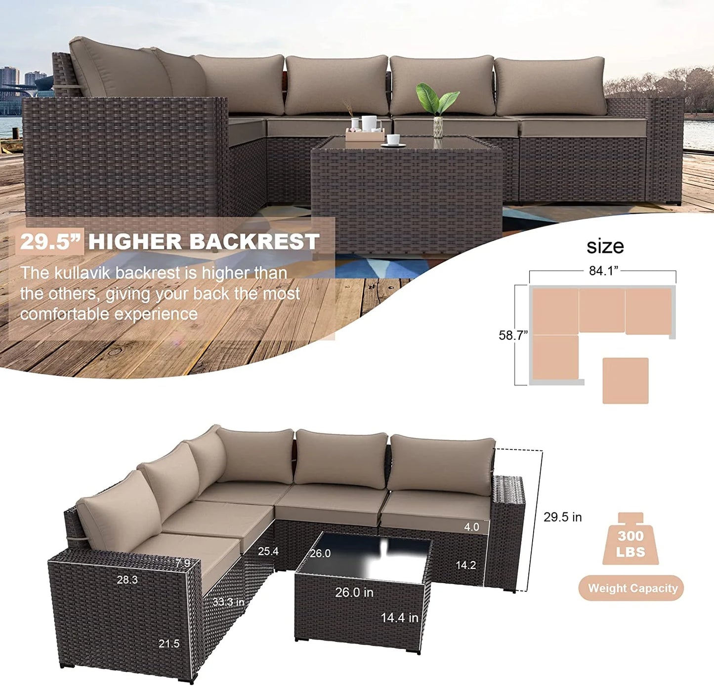 Outdoor Patio Furniture Set 6 Piece Sectional Rattan Wicker Sofa Set Patio Conversation Set,Sand
