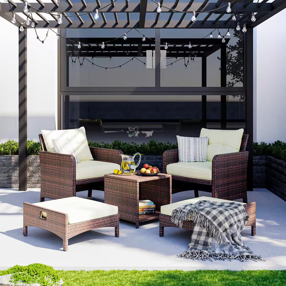 5-Piece Wicker Patio Furniture Set Outdoor Patio Chairs with Ottomans Beige