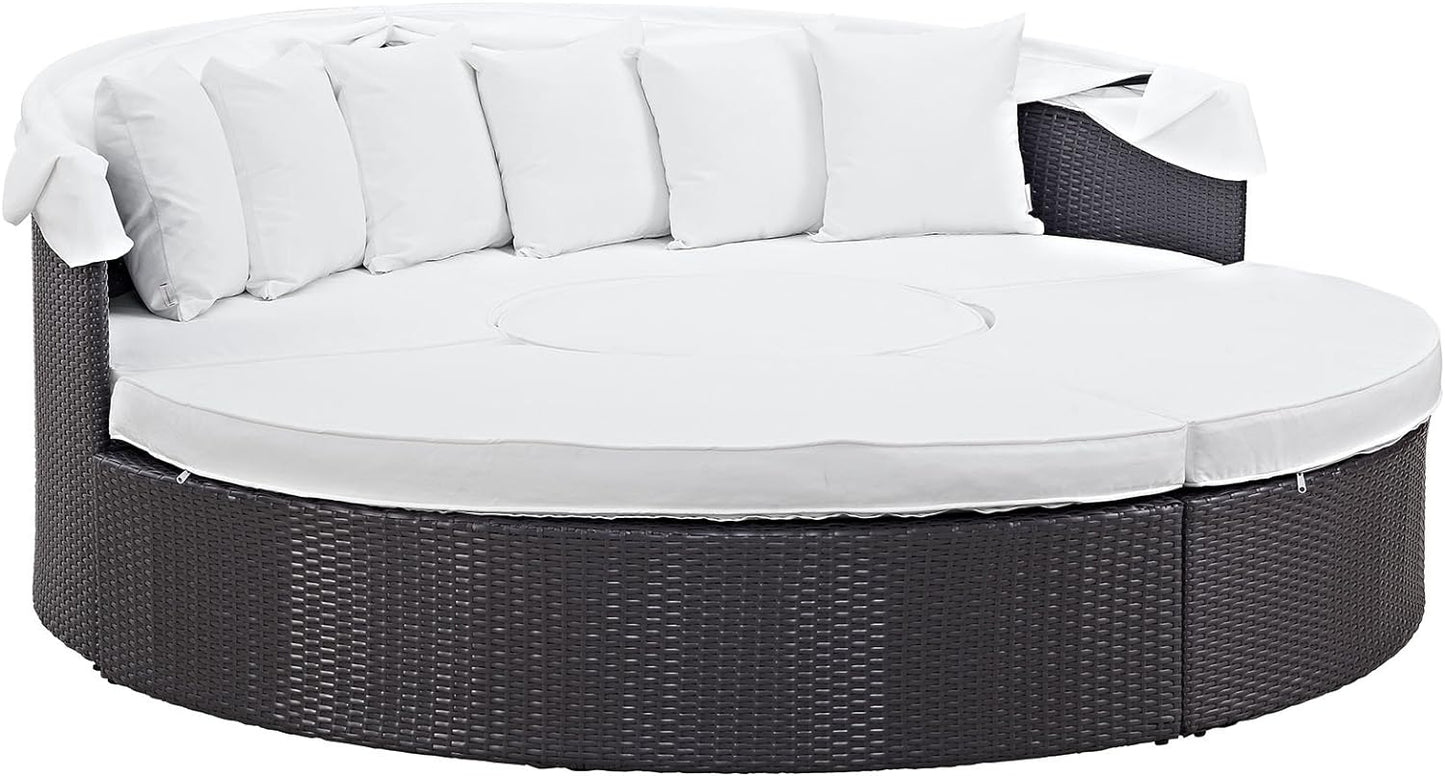 Convene Wicker Rattan Outdoor Patio Retractable Canopy round Poolside Sectional Sofa Daybed with Cushions in Espresso White