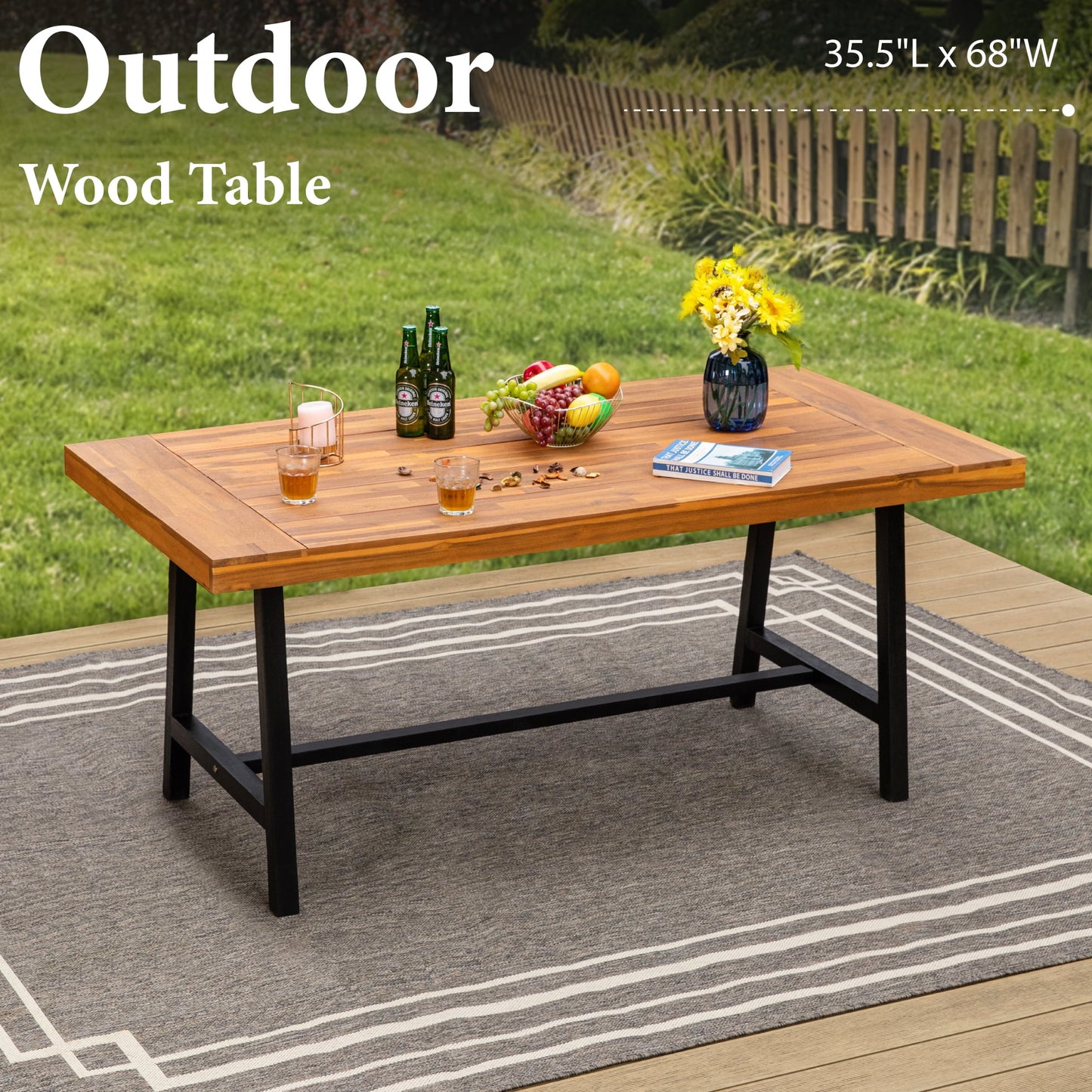 Set of 3 Patio Wood Garden Bench Set Outdoor Dining Set with 1 Acacia Table and 2 Pieces Bench Chairs Suitable for 4 People