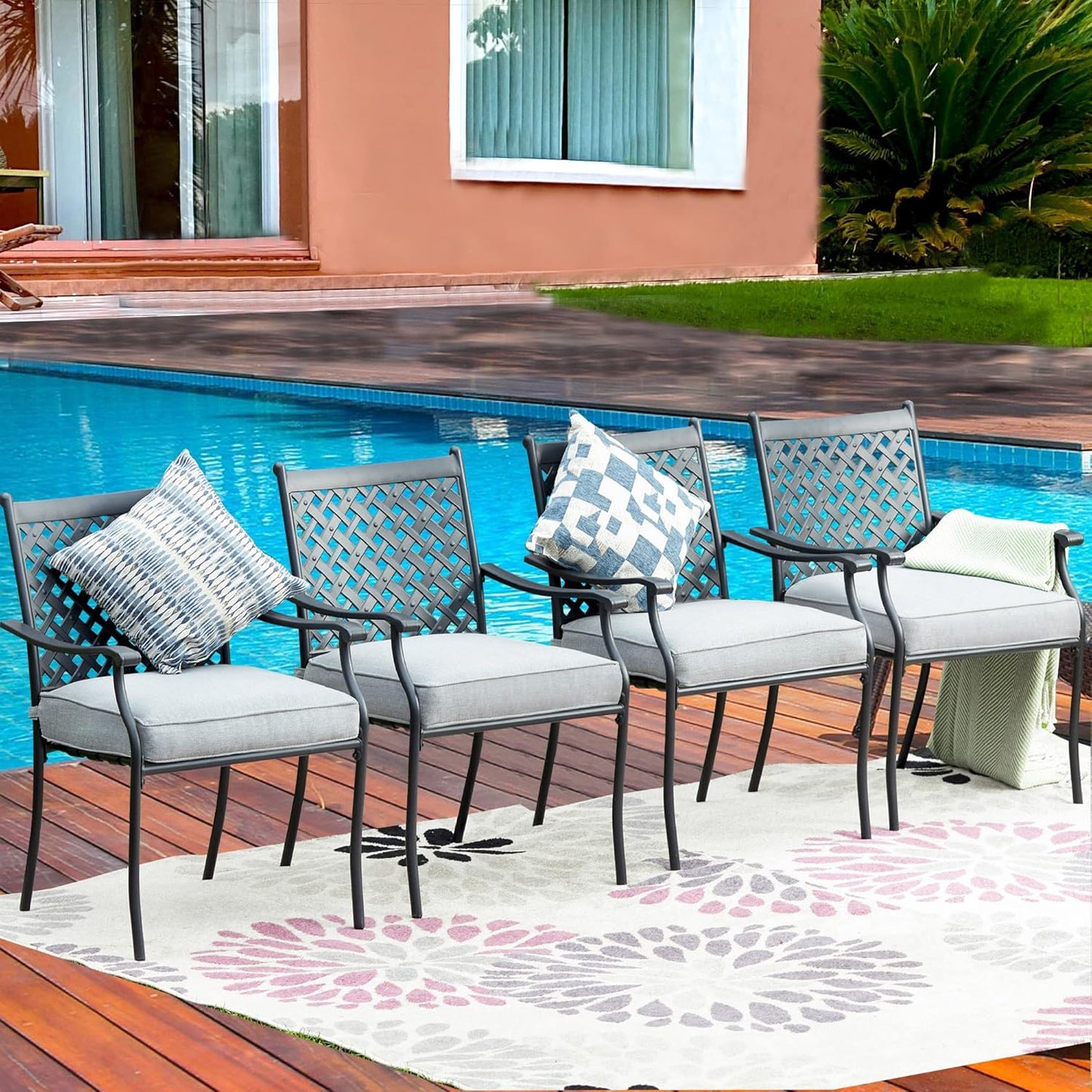 Metal Dining Chair Indoor Outdoor Use Patio Dinning Chairs Set,Dining Bistro Cafe Side Metal Chairs Set of 4 with Arms and Seat Cushions(4 PC, Grey)
