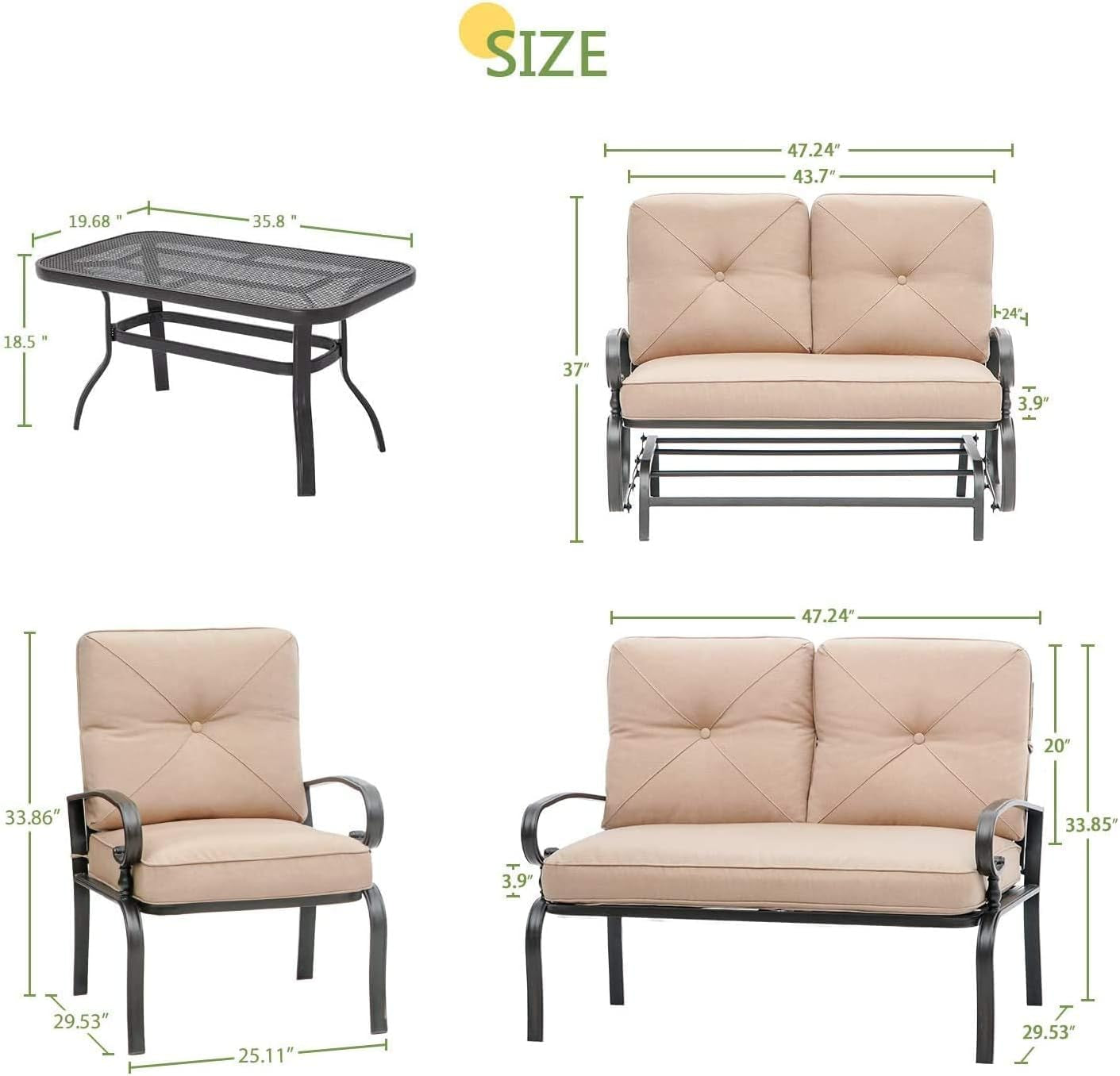 Outdoor Metal Furniture Sets 5 Pieces(6 Seats) Patio Conversation Set (Patio Swing Glider, 2 Patio Chairs, Loveseat with Coffee Table), Brown