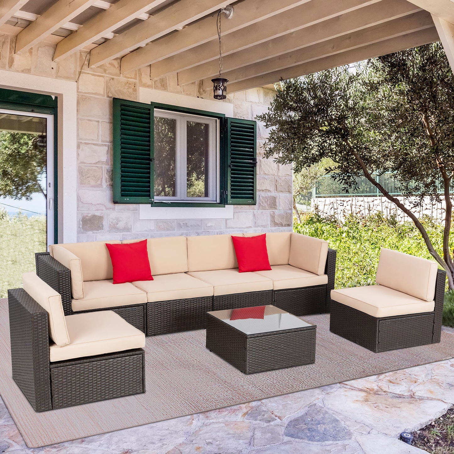 7 Pieces Patio Furniture Sets Outdoor All-Weather Sectional Patio Sofa Set PE Rattan Manual Weaving Wicker Patio Conversation Set Beige