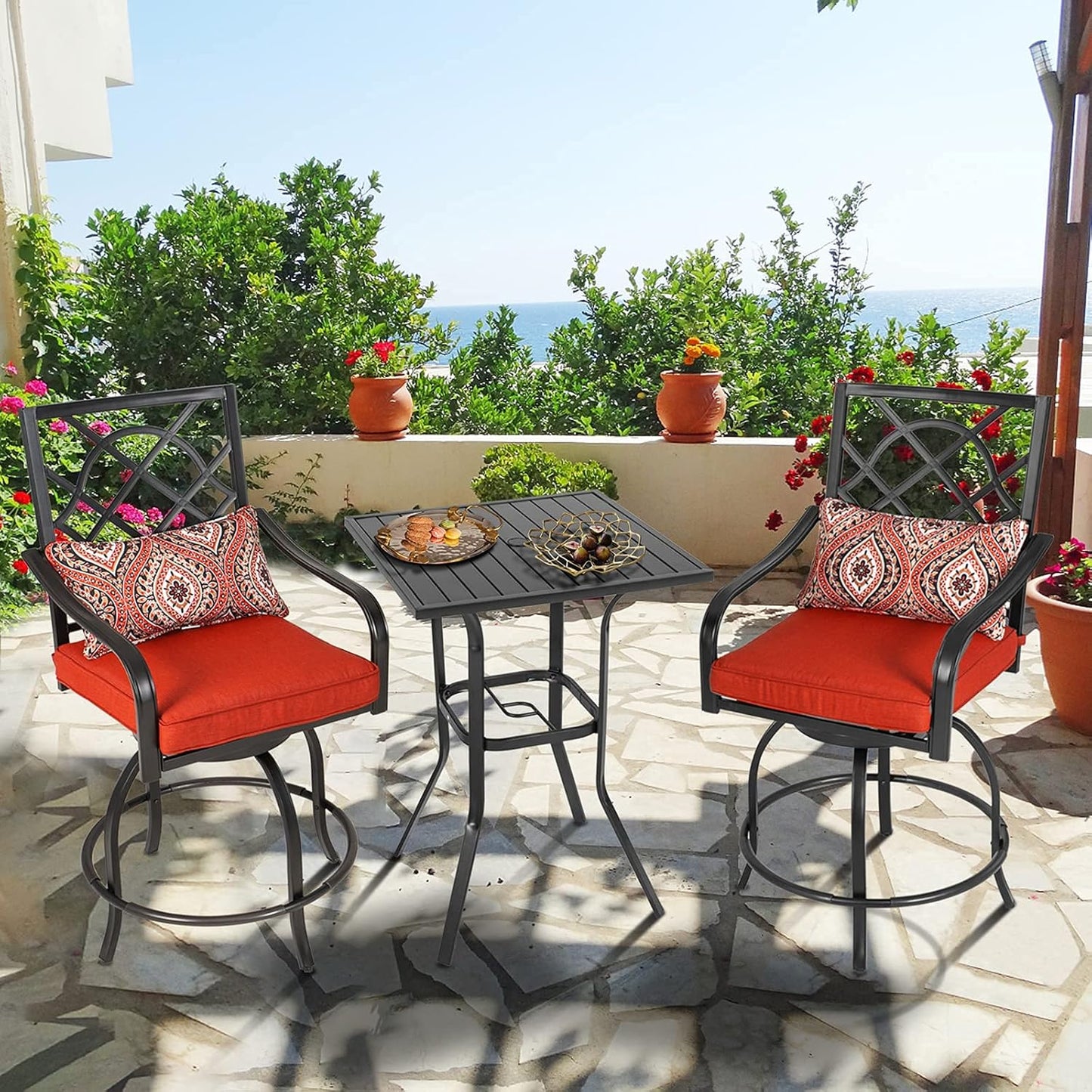 3-Piece Outdoor Patio Swivel Bar Stool Set with Height Outdoor Bar Table (Slat Desktop) and Patio High Swivel Bar Stool Chairs