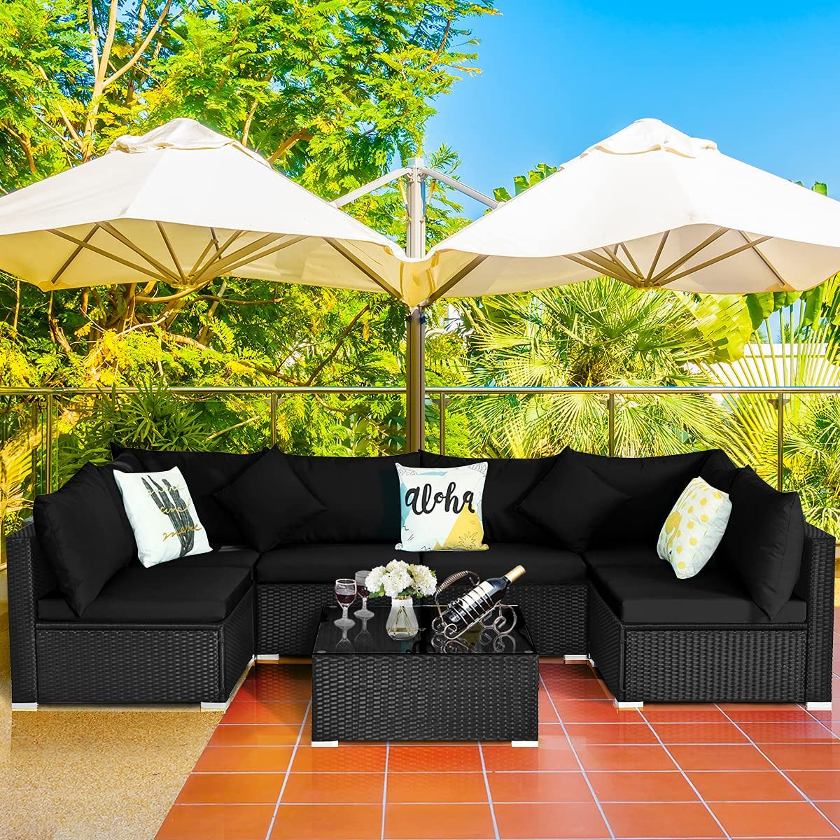 7 Piece Patio Furniture, Outdoor Sectional Sofa W/Pillows and Cushions, Wicker Conversation Set with Coffee Table and Tea Table for Garden, Lawn (Black)