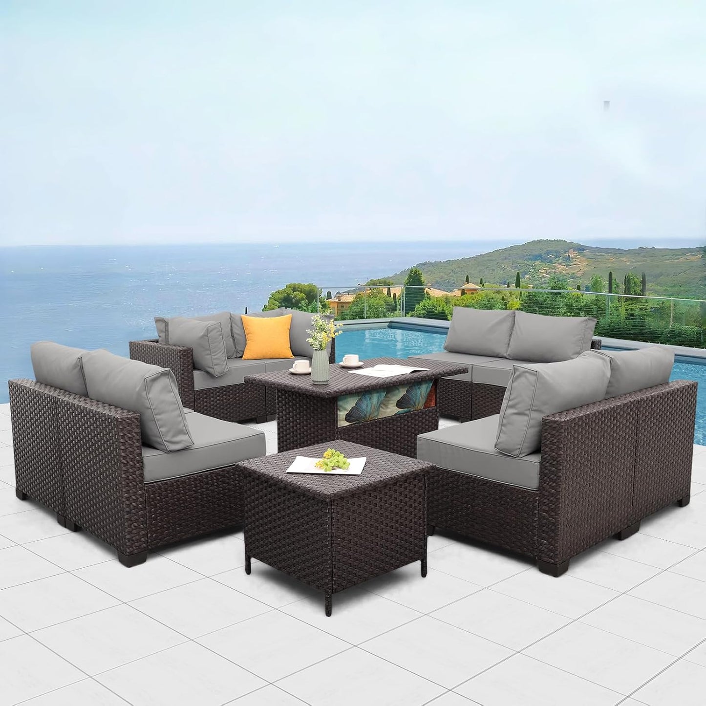 Outdoor Patio Furniture Set Dark Brown Rattan 10 Piece Sectional Sofa PE Wicker Conversation Couch Sets with Storage Table and Non-Slip 5" Thick Grey Cushion
