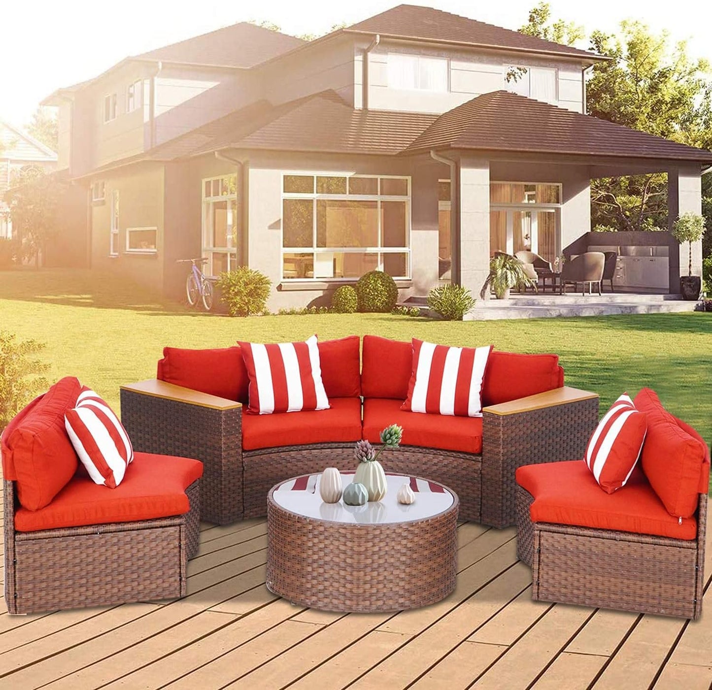 5-Piece Patio Sectional Furniture Set Half-Moon Patio Set Brown Wicker Curved Outdoor Sofa with Red Cushions & round Glass Coffee Table (Pillow Included)