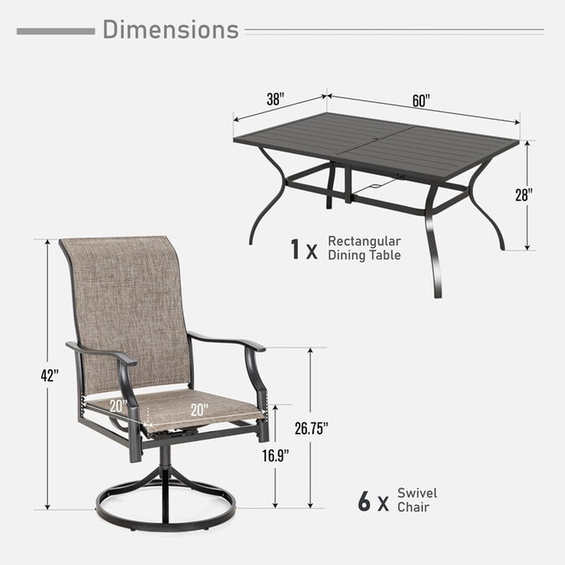 LISMORE 7 -Piece Black Patio Dining Set Steel Rectangle Table with 6 Gray Swivel Chairs