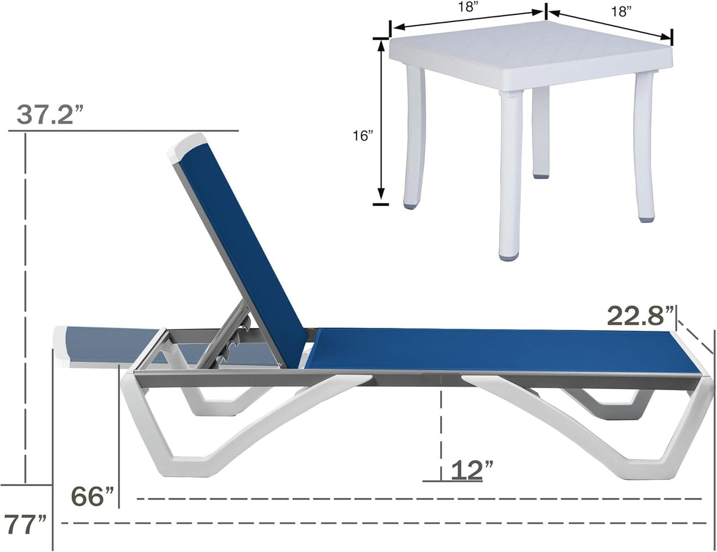 Patio Chaise Lounge Chair - Full Flat Alumium & Resin Legs, Outdoor Reclining Adjustable Chair for Sunbathing, Beach, Patio, Lounge Set with Table (2 Blue Textilence W/Table)
