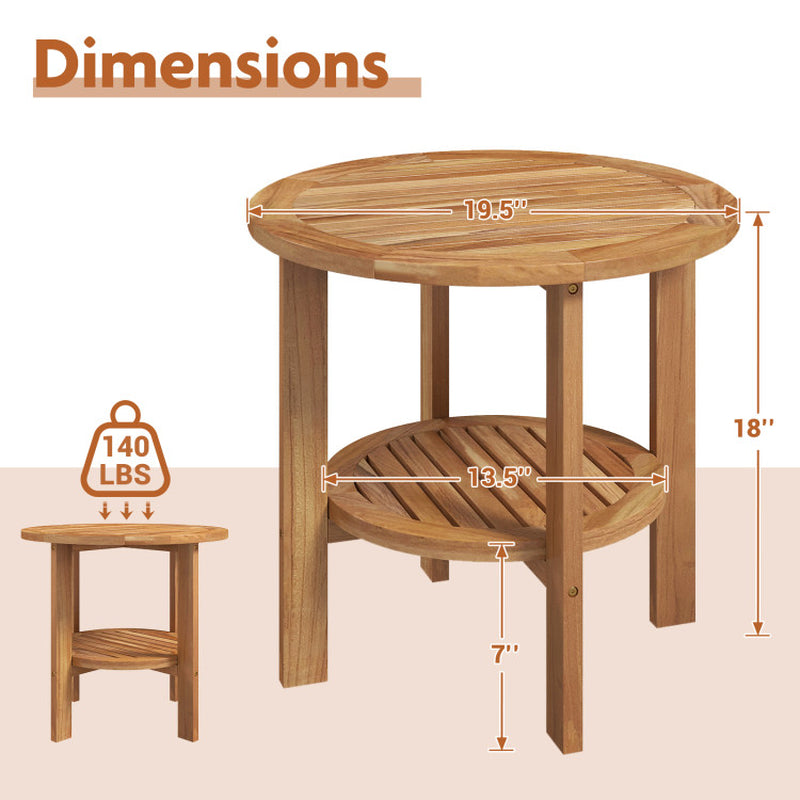 Outdoor Teak Wood round Side Table Patio End Table with Slatted Storage Shelf