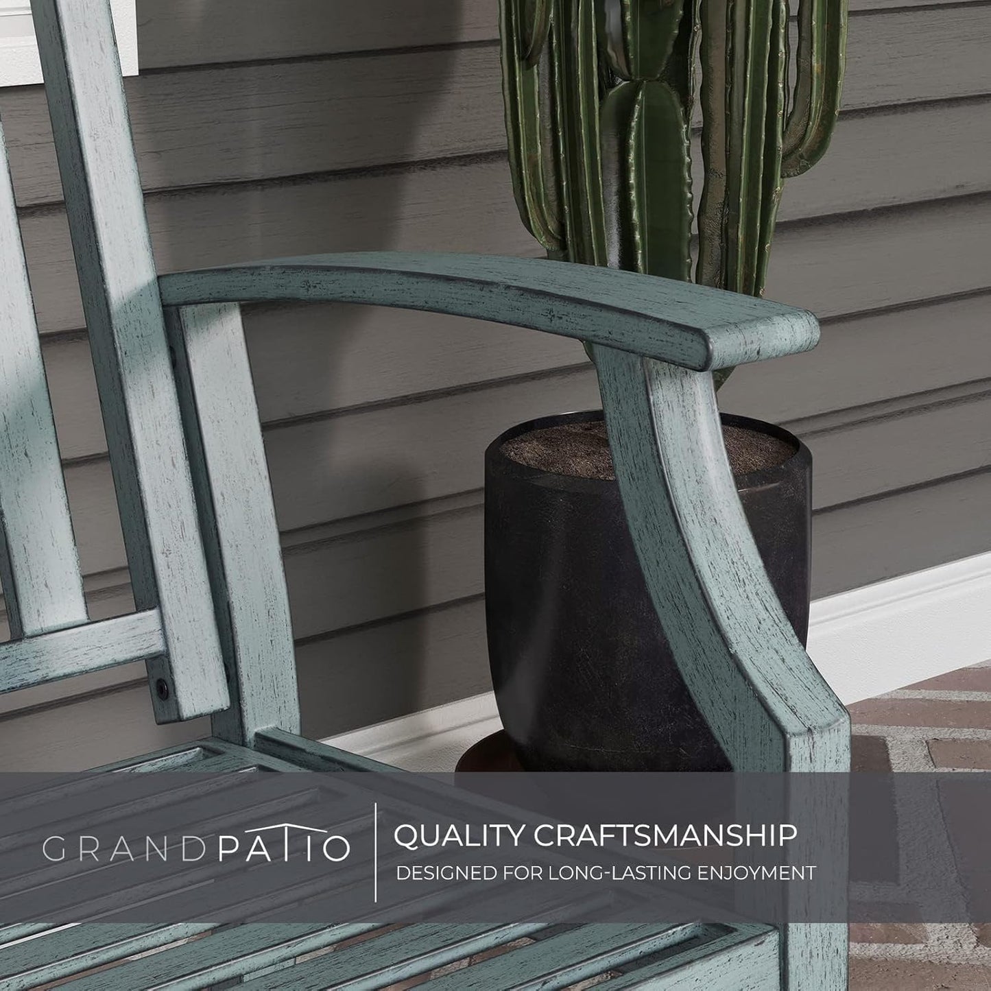 Farmhouse Outdoor Bench, Garden Benches with Anti-Rust Aluminum Metal Frame, Faux Wood Grain Finish Frame Patio Bench for Front Porch, Weathered Blue