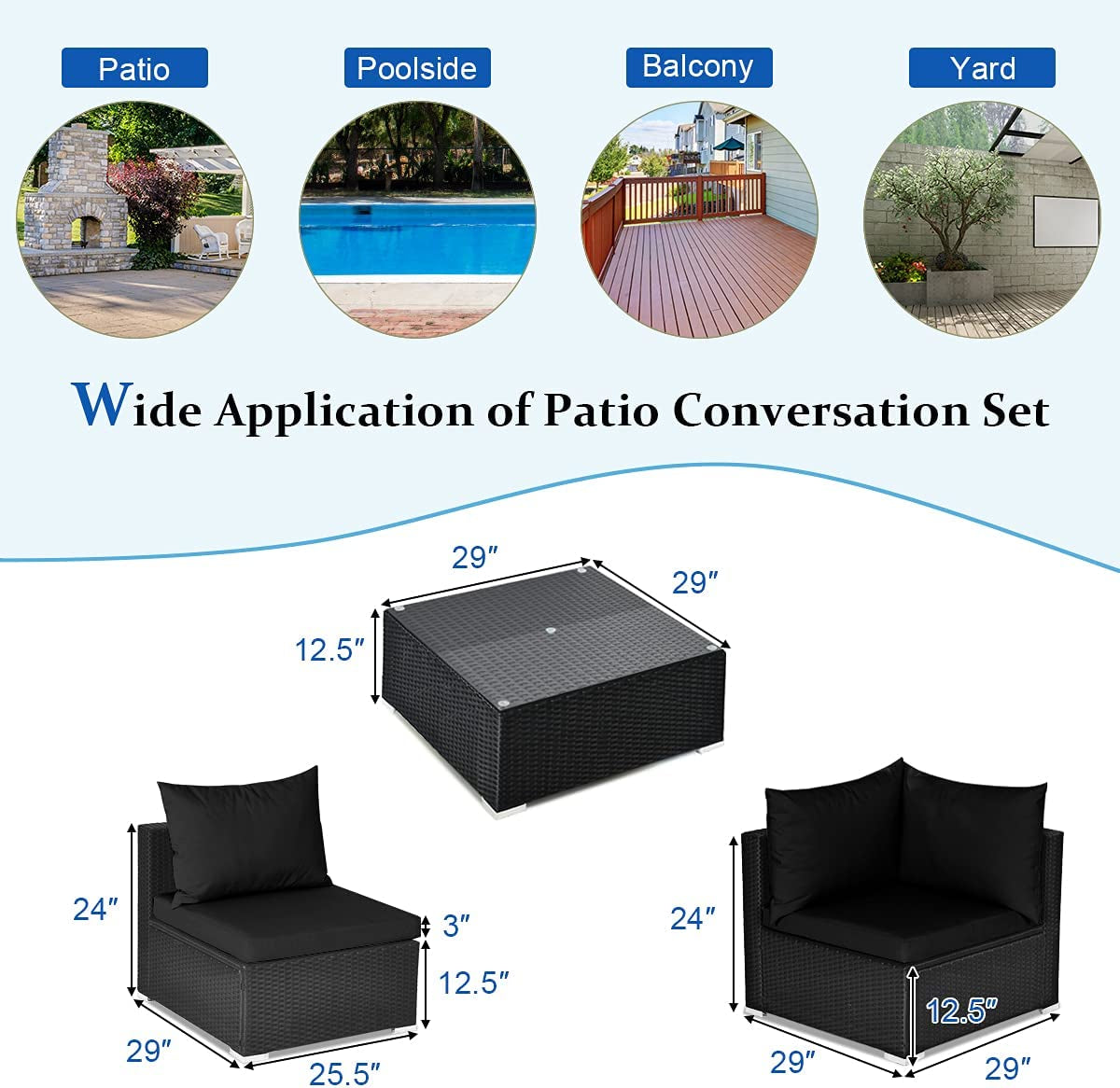 7 Piece Patio Furniture, Outdoor Sectional Sofa W/Pillows and Cushions, Wicker Conversation Set with Coffee Table and Tea Table for Garden, Lawn (Black)