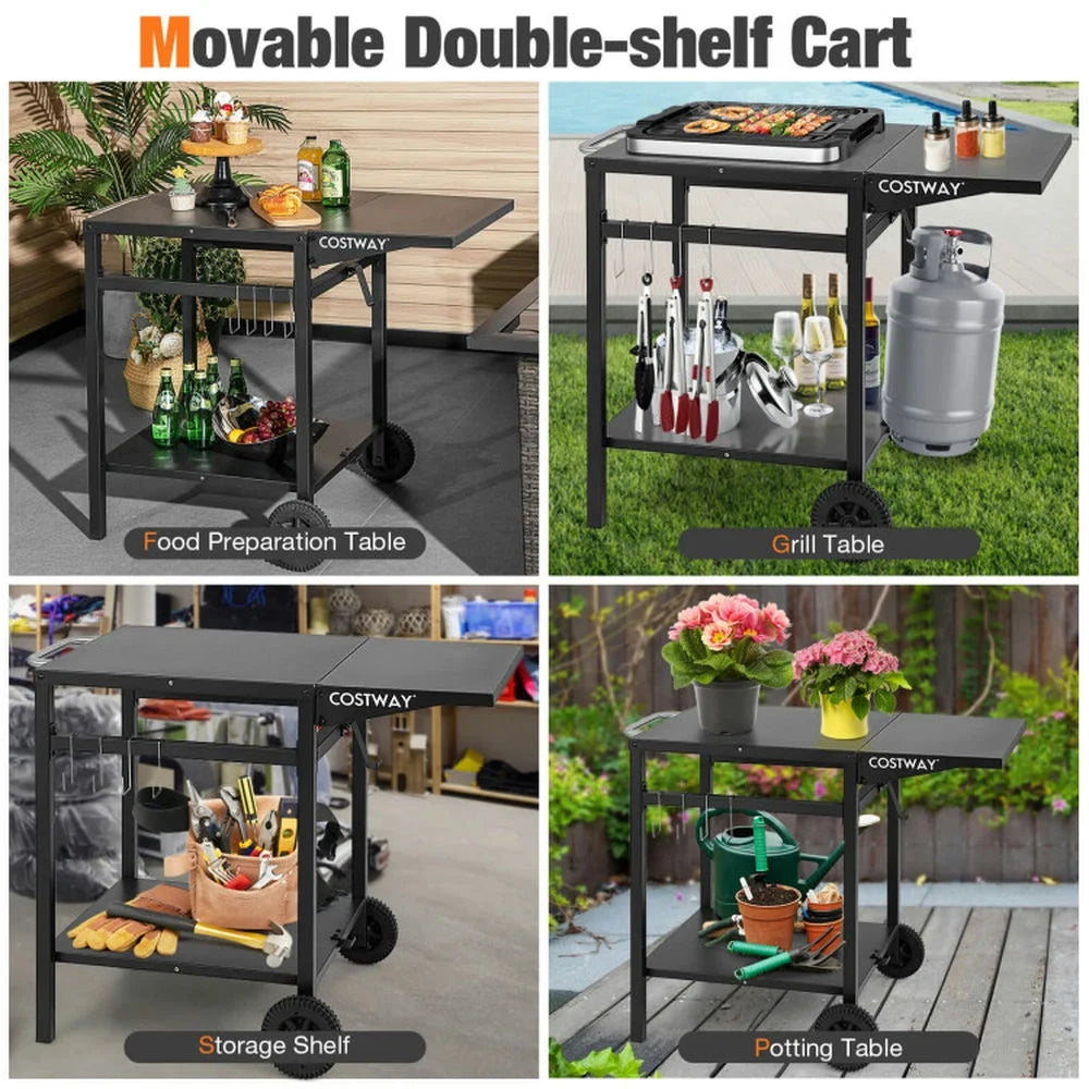 Outdoor Patio Barbecue Cooker, Outdoor Grills,Movable Outdoor Grill Cart with Folding Tabletop and Hooks-Black