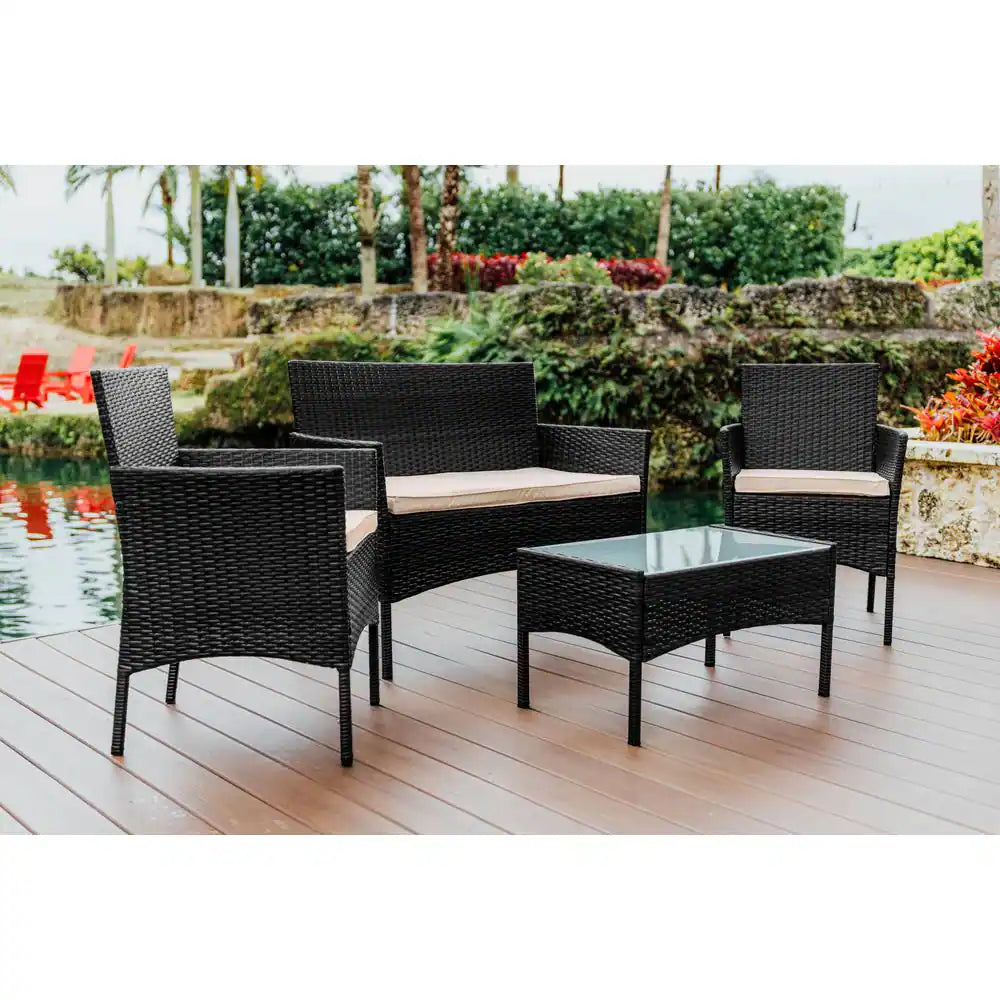 4-Piece Black Patio Outdoor Furniture Wicker Conversation Set with Beige Cushions, 1-Loveseat, 2-Chairs and Coffee Table